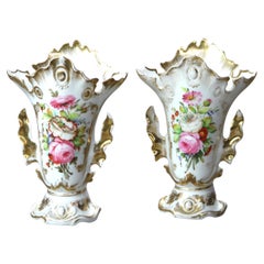 Pair Antique Old Paris Porcelain Floral Hand Painted & Gilt Spill Vases C1890