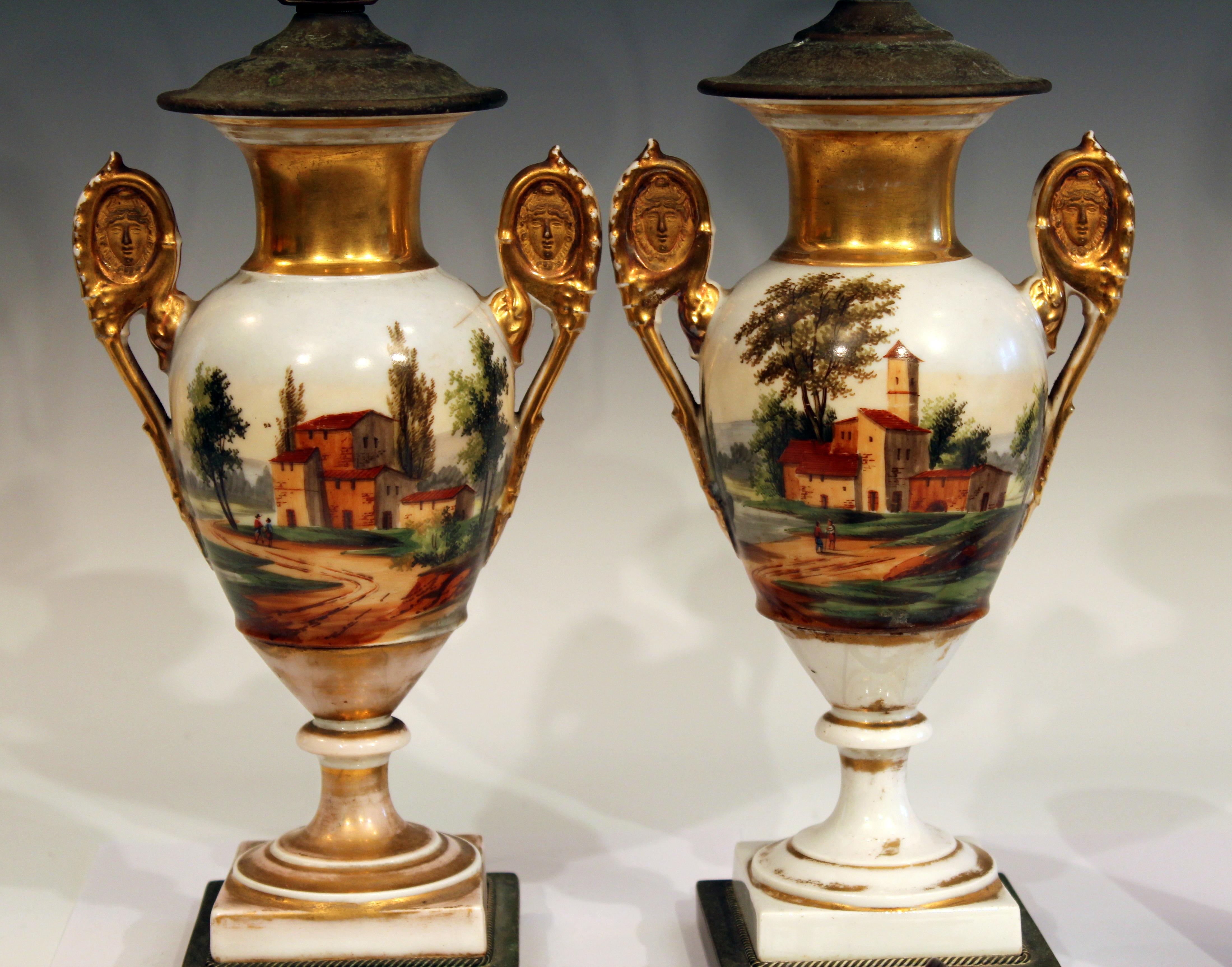 Pair of Old Paris Porcelain French Vases Lamps Country, 19th Century Garniture 5