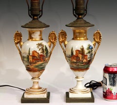 Pair of Old Paris Porcelain French Vases Lamps Country, 19th Century Garniture