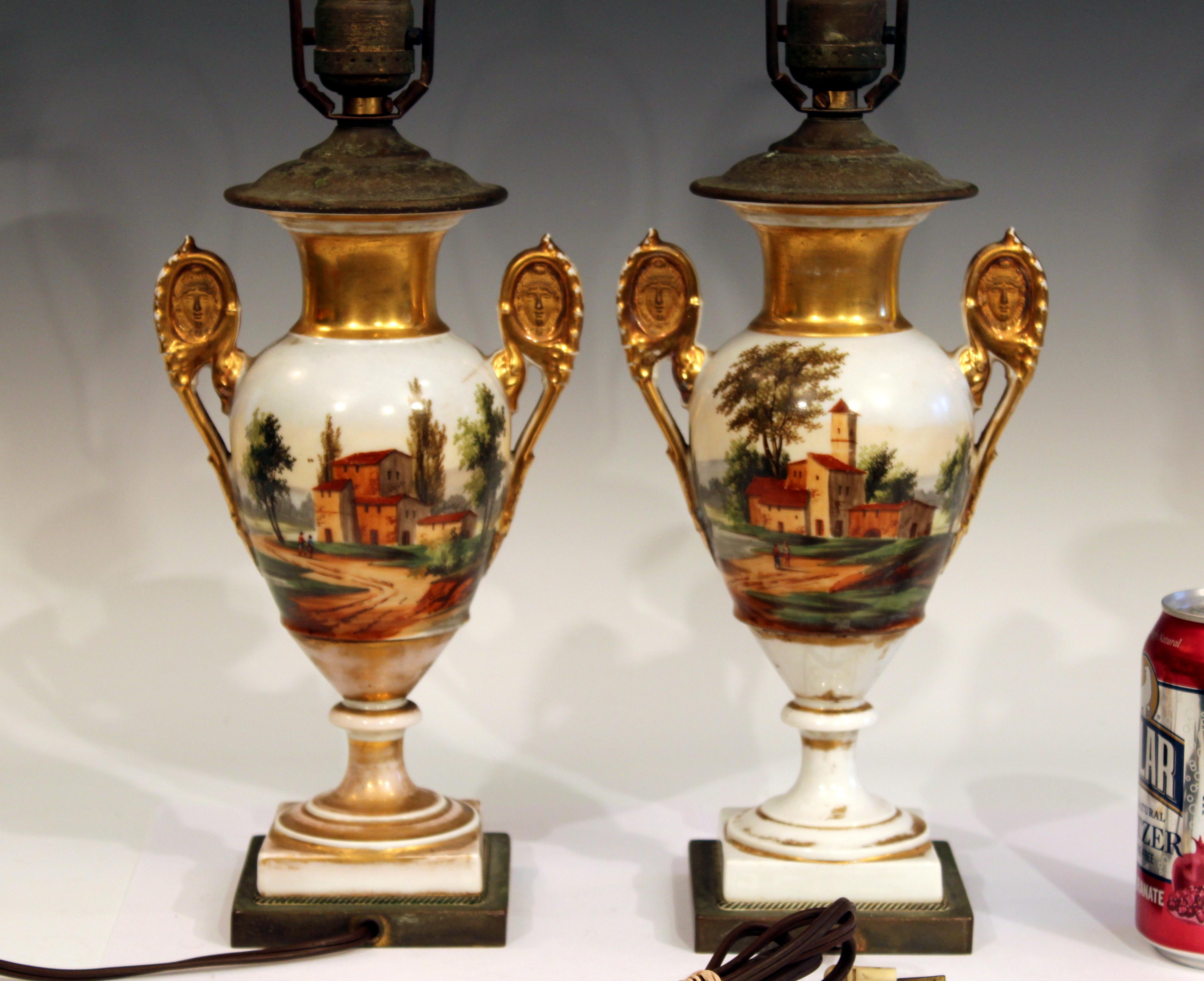 Empire Pair of Old Paris Porcelain French Vases Lamps Country, 19th Century Garniture
