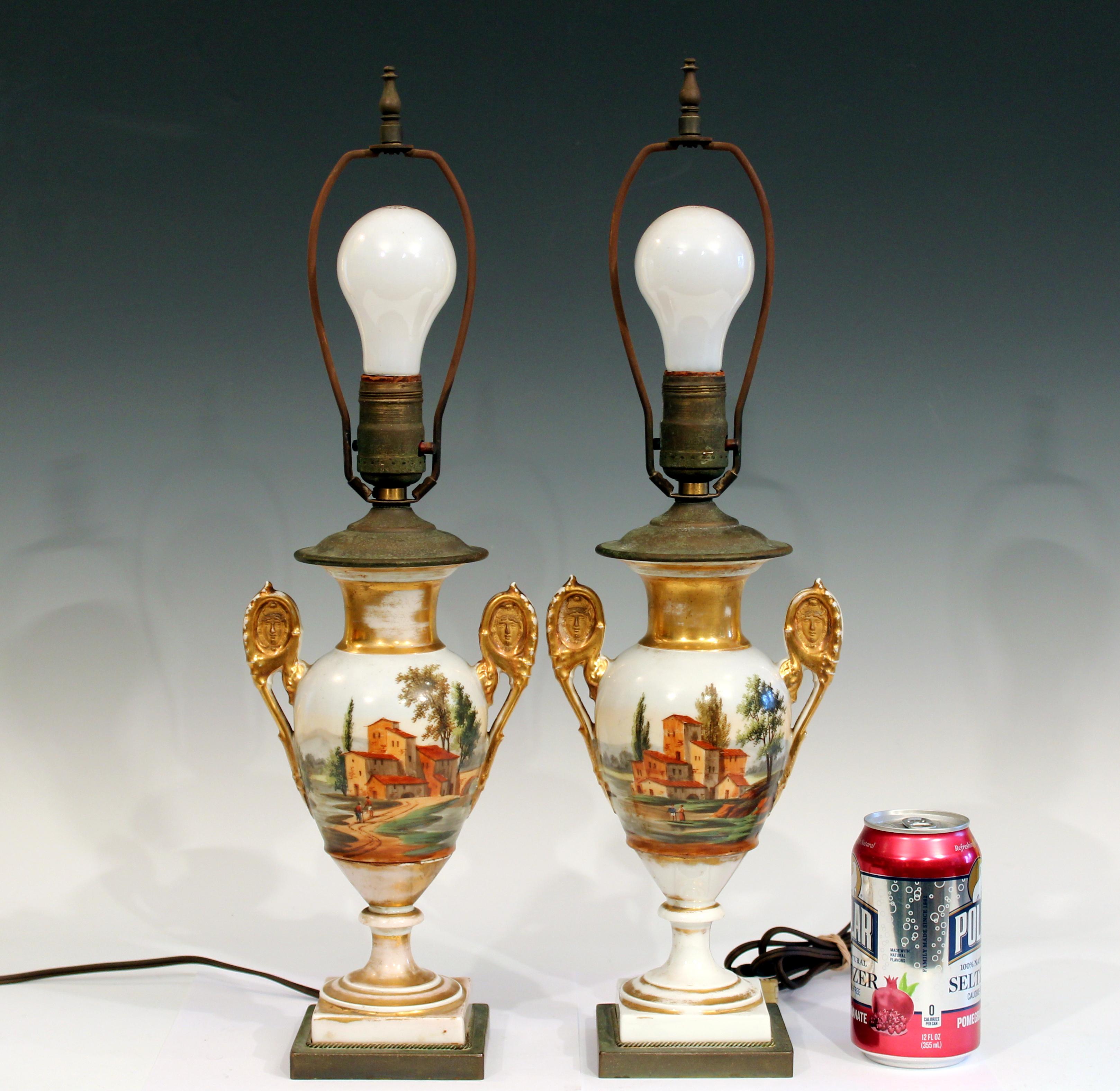 Hand-Crafted Pair of Old Paris Porcelain French Vases Lamps Country, 19th Century Garniture