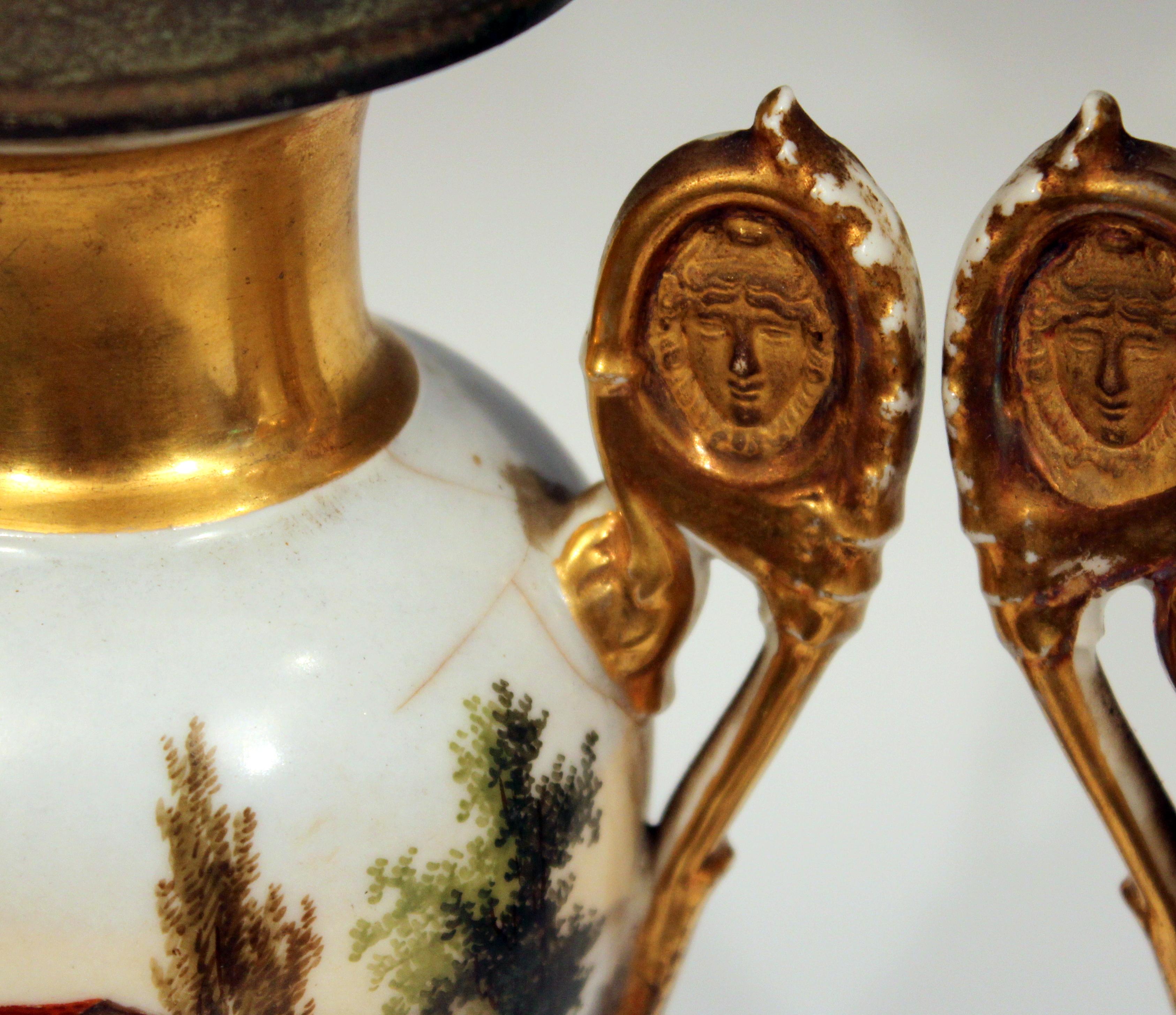 Pair of Old Paris Porcelain French Vases Lamps Country, 19th Century Garniture In Good Condition In Wilton, CT