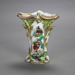 Pair Antique Old Paris Porcelain Spill Vases with Figural & Floral Decoration