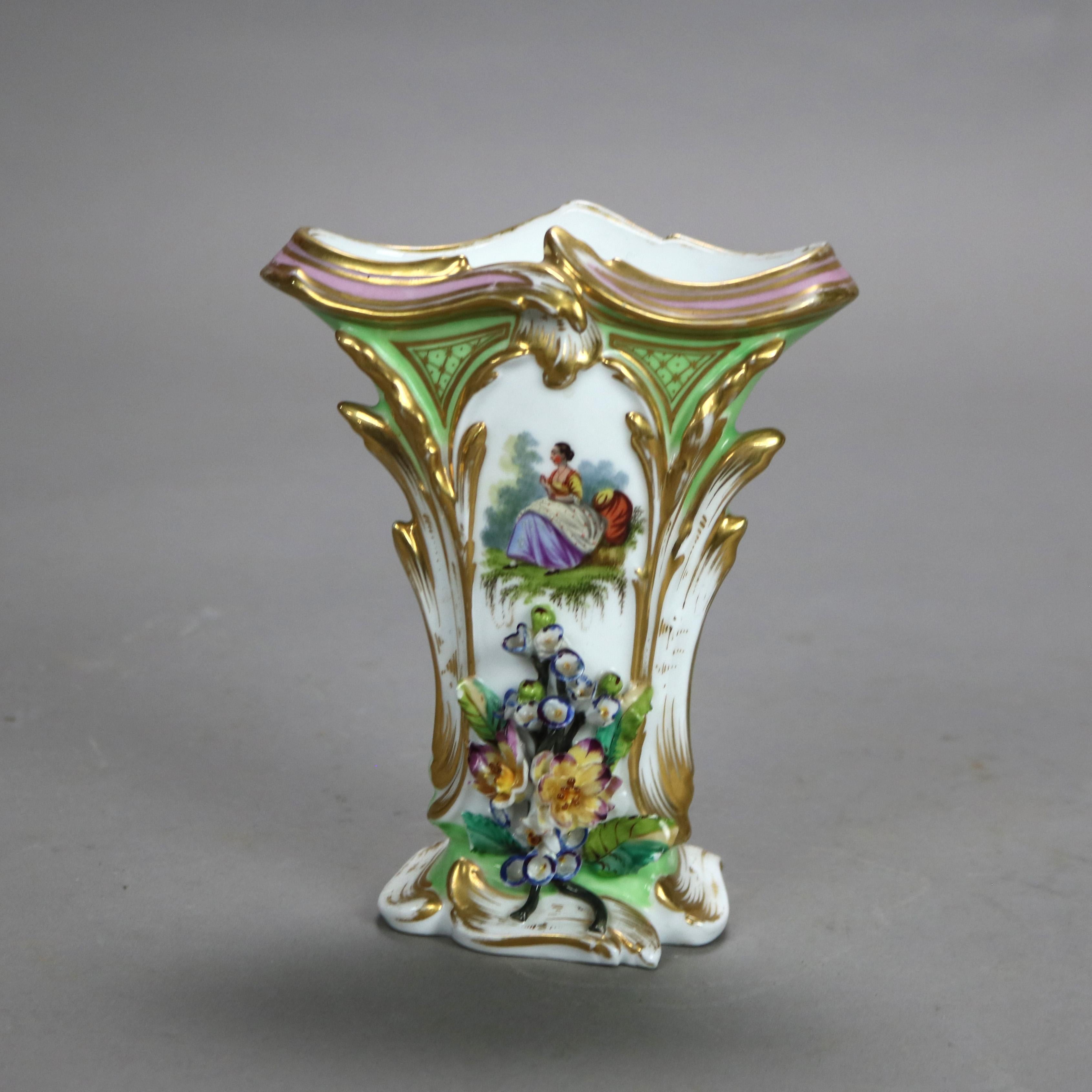 Pair Antique Old Paris Porcelain Spill Vases with Figural & Floral Decoration In Good Condition In Big Flats, NY