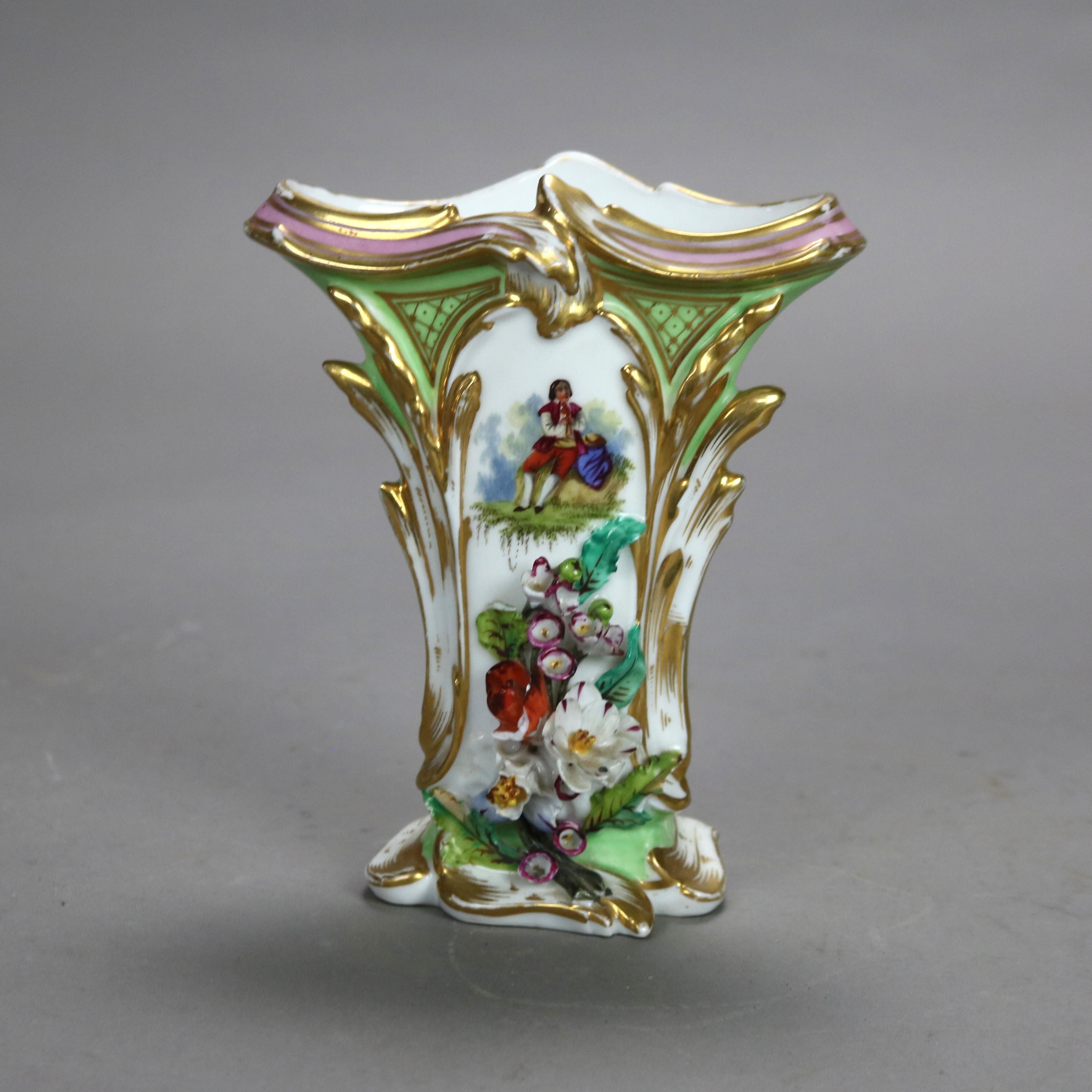 19th Century Pair Antique Old Paris Porcelain Spill Vases with Figural & Floral Decoration