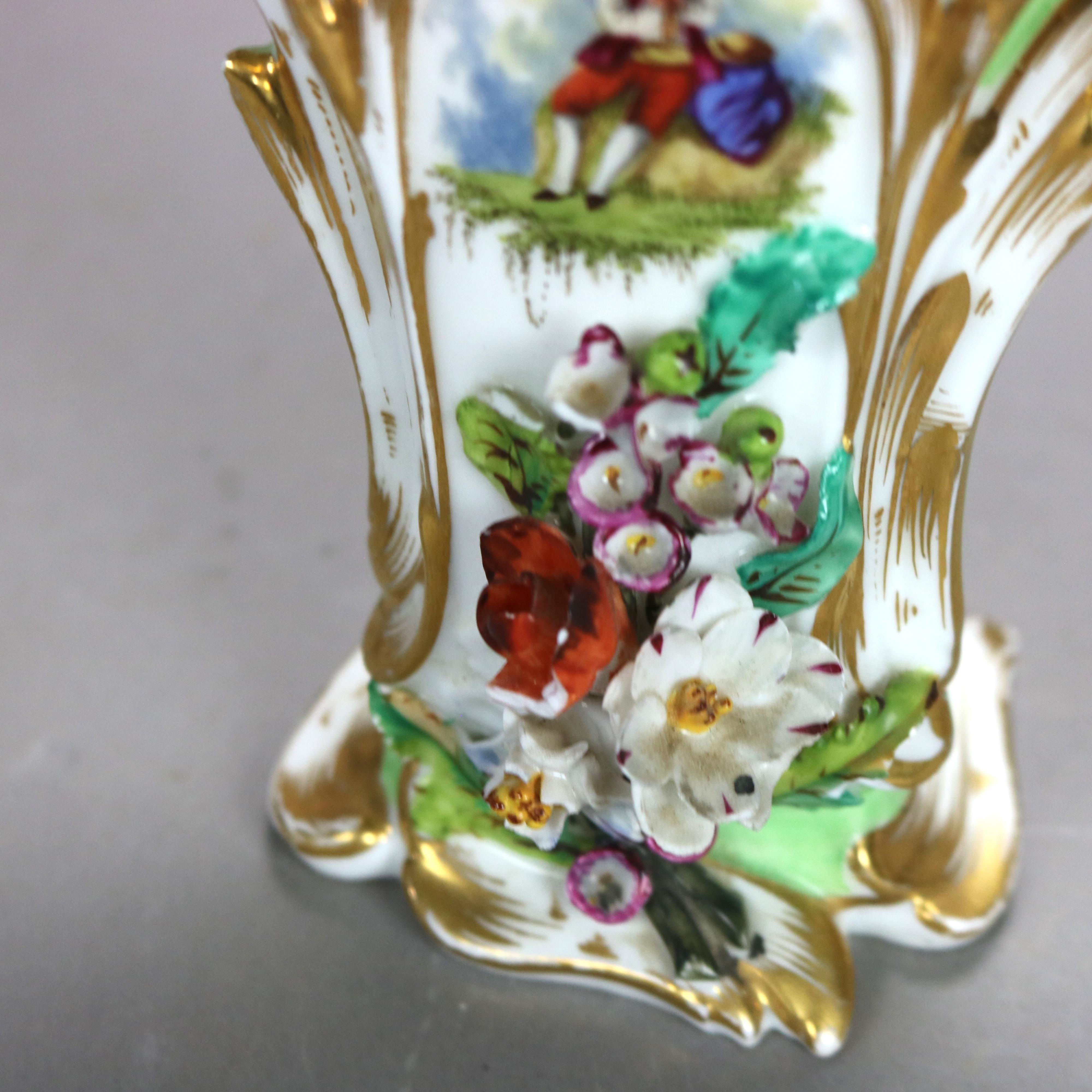 Pair Antique Old Paris Porcelain Spill Vases with Figural & Floral Decoration 2