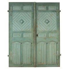 Pair, Antique Original Painted Aqua Blue Doors, Great Sliding Door