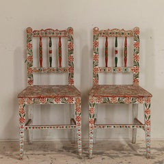 Pair, Antique Original Red and Green Painted Side Chairs from Romania