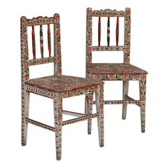Pair, Antique Original Red and Green Painted Side Chairs from Romania