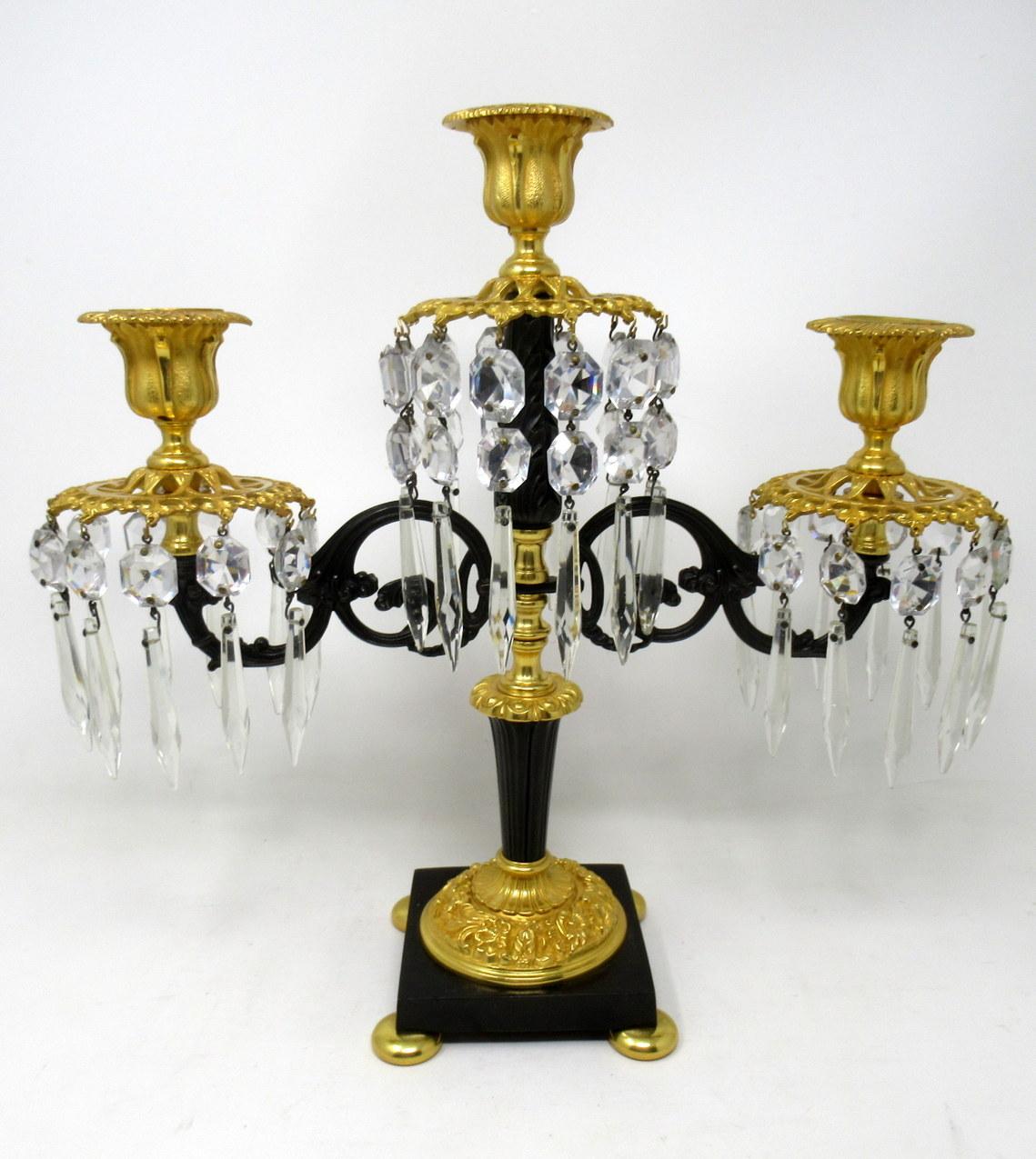 Louis XV Antique Ormolu Bronze Dore Crystal Three Branch Candelabra French Lusters, Pair