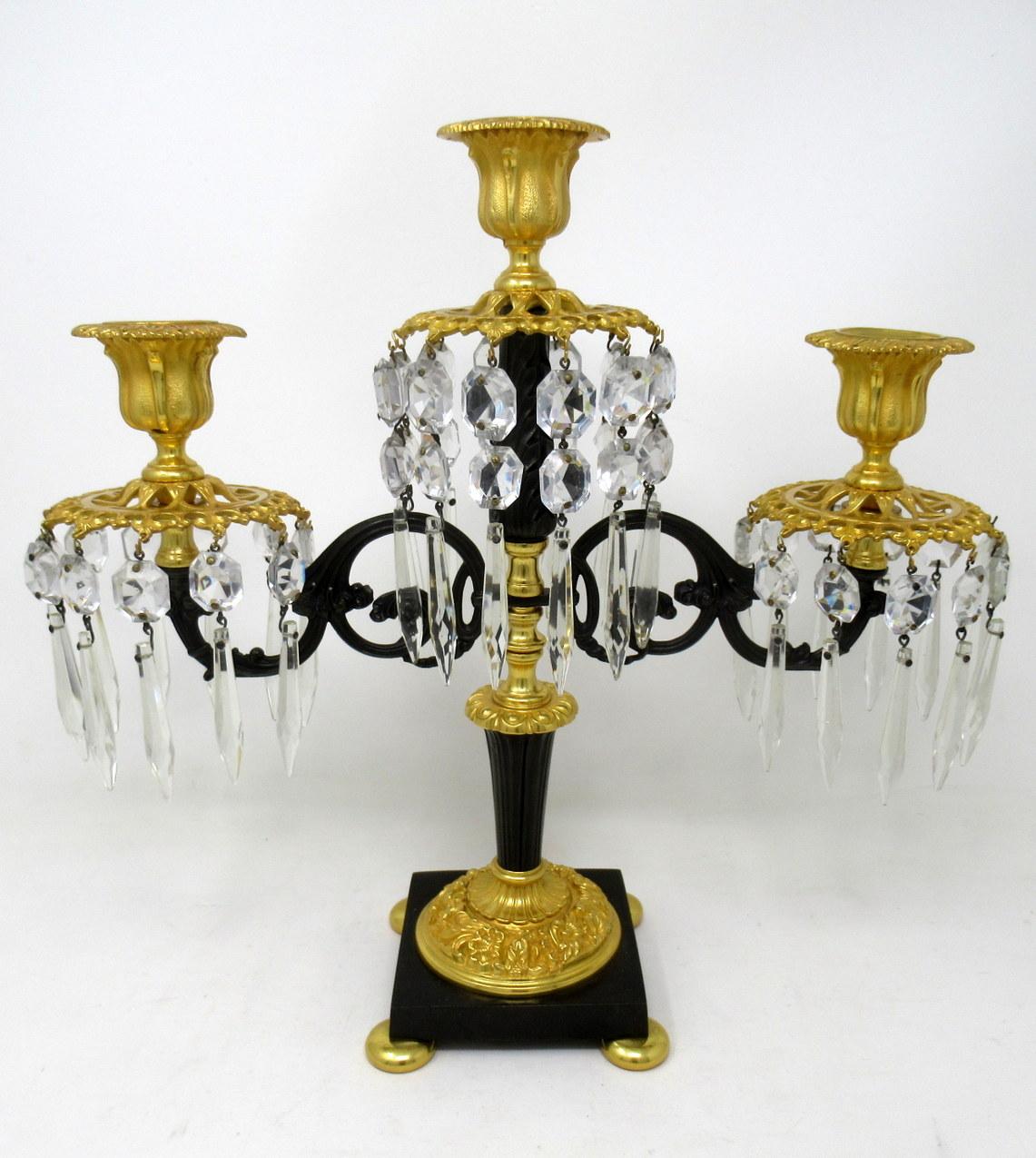 Antique Ormolu Bronze Dore Crystal Three Branch Candelabra French Lusters, Pair In Good Condition In Dublin, Ireland