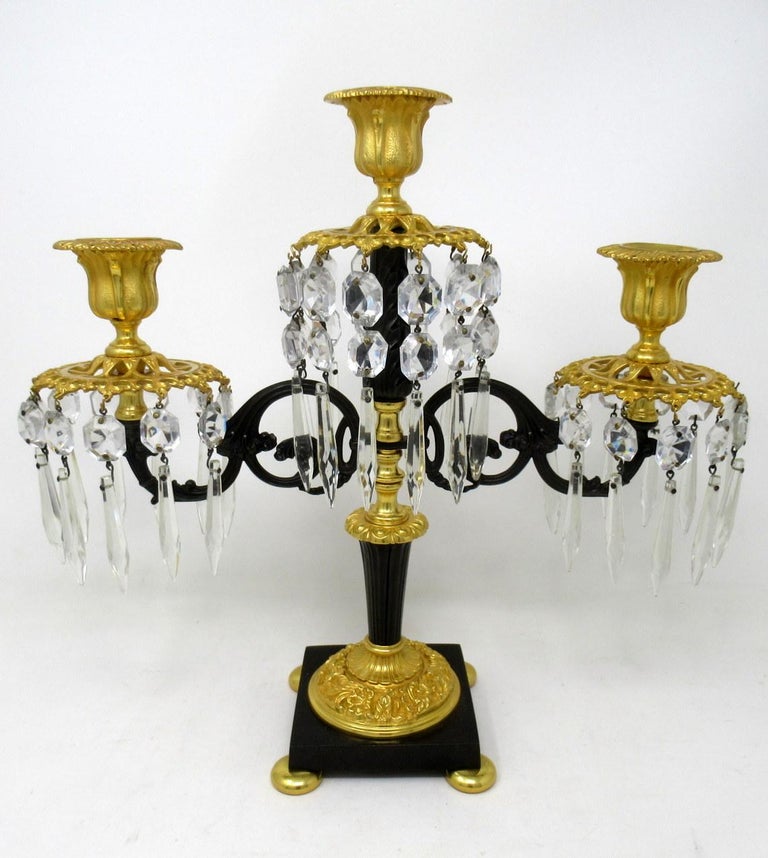 Antique Ormolu Bronze Dore Crystal Three Branch Candelabra French