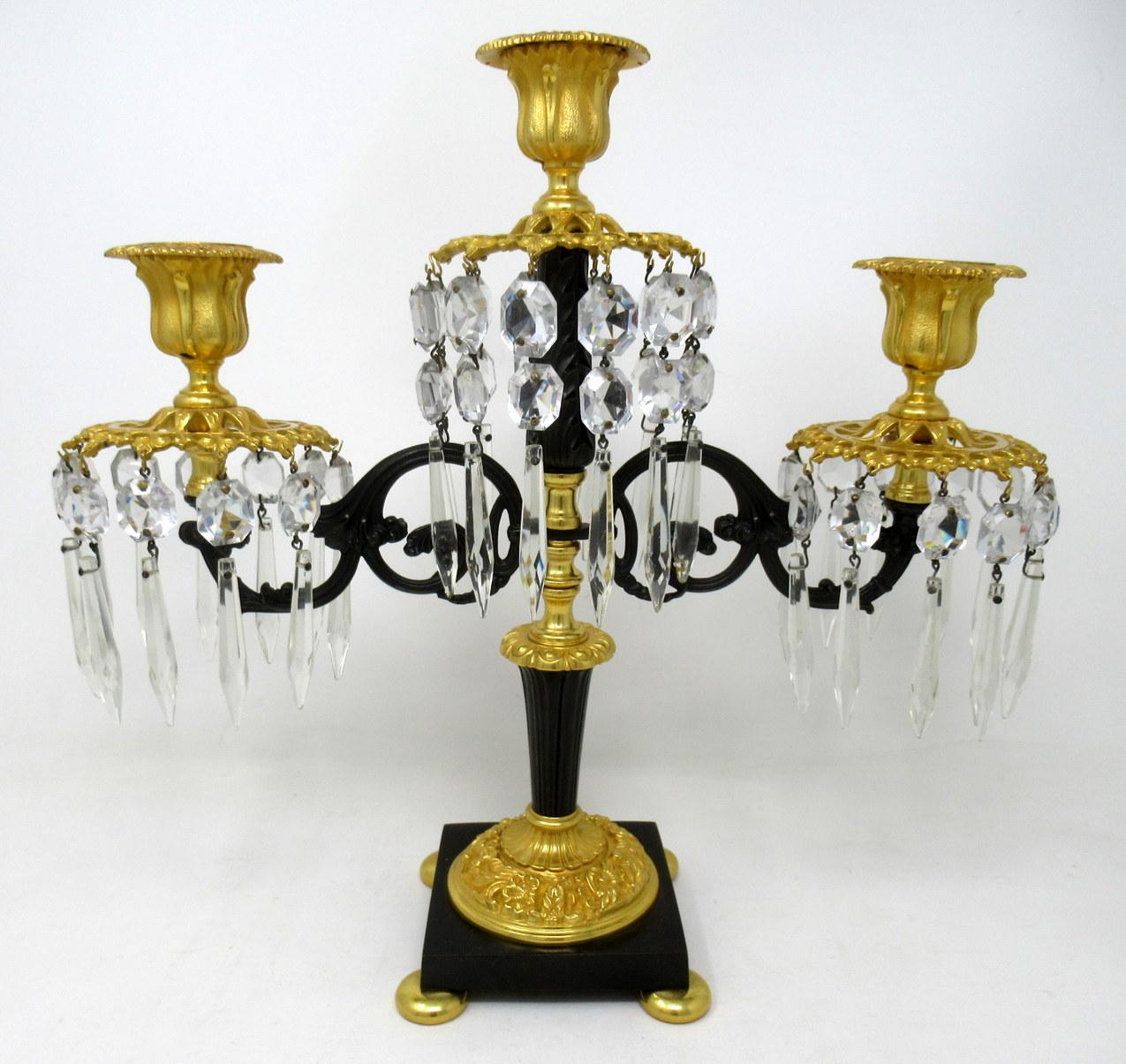 19th Century Antique Ormolu Bronze Dore Crystal Three Branch Candelabra French Lusters, Pair