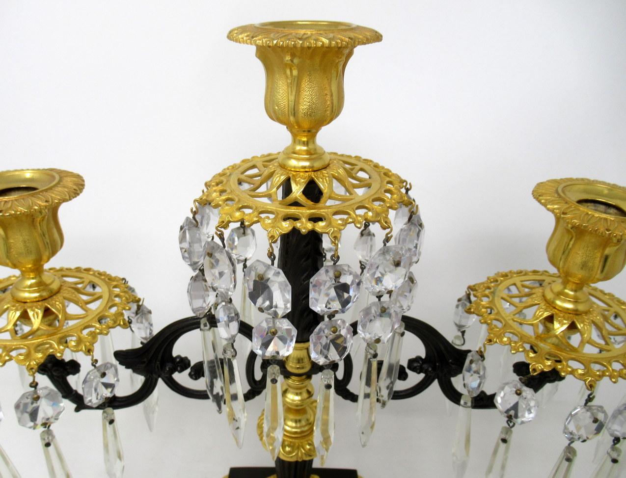 Antique Ormolu Bronze Dore Crystal Three Branch Candelabra French Lusters, Pair 4