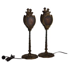 Pair Antique Oscar Bach Bronze & Mica Shield-Form Torchiere Table Lamps c1920