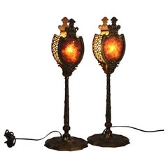 Pair Antique Oscar Bach Bronze & Mica Shield-Form Torchiere Table Lamps c1920