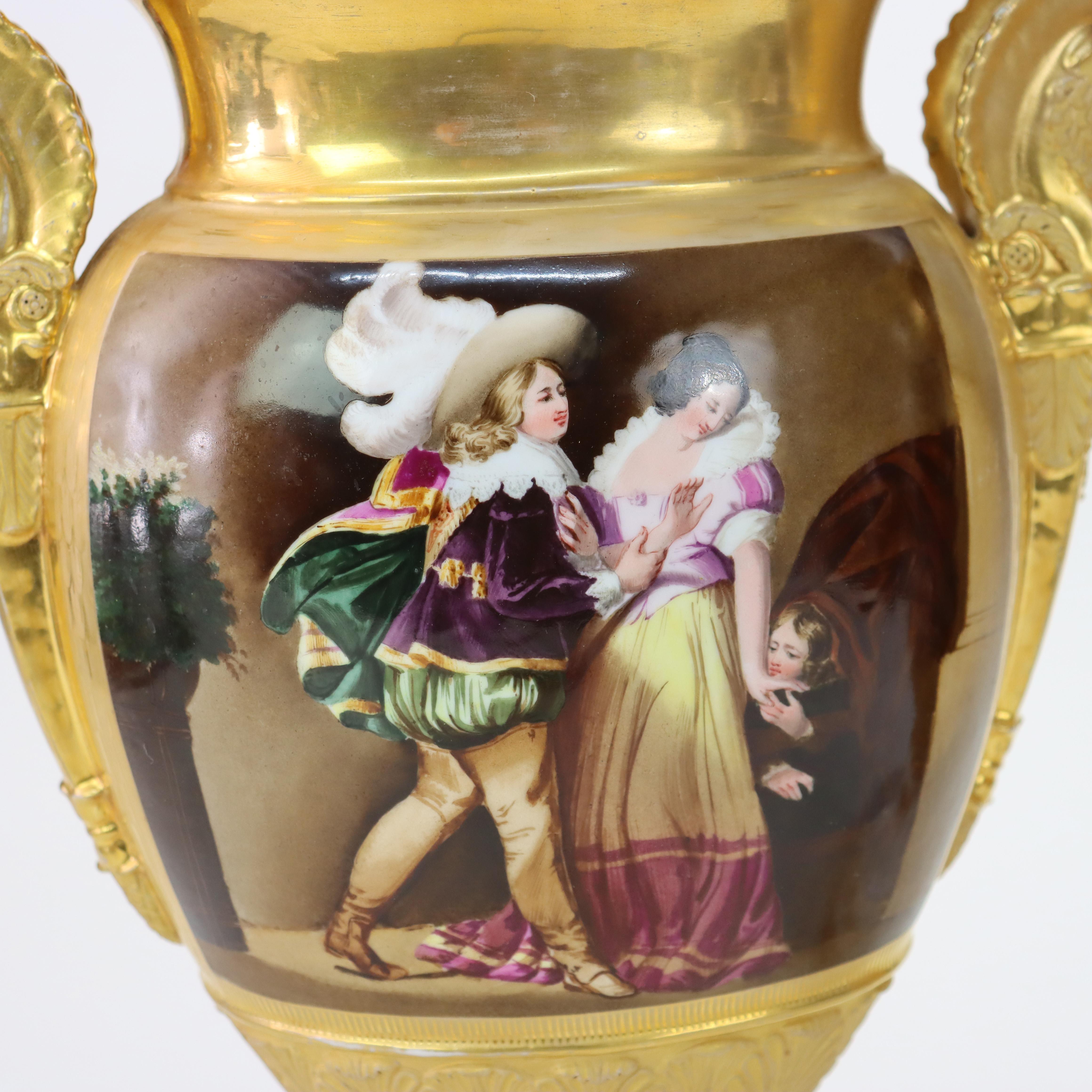 Paar antike überdimensionale Old Pariser Porzellan-Schrauburnen mit Genreszenen C1880 im Zustand „Gut“ im Angebot in Big Flats, NY