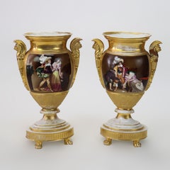 Pair Antique Oversized Old Paris Porcelain Bolted Urns with Genre Scenes C1880