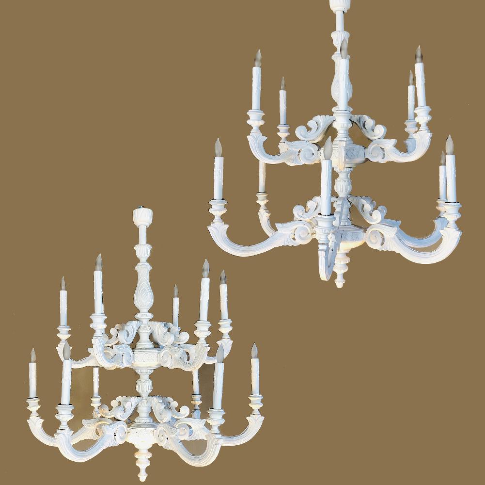 Hand-Carved Pair of Antique Painted Chandeliers