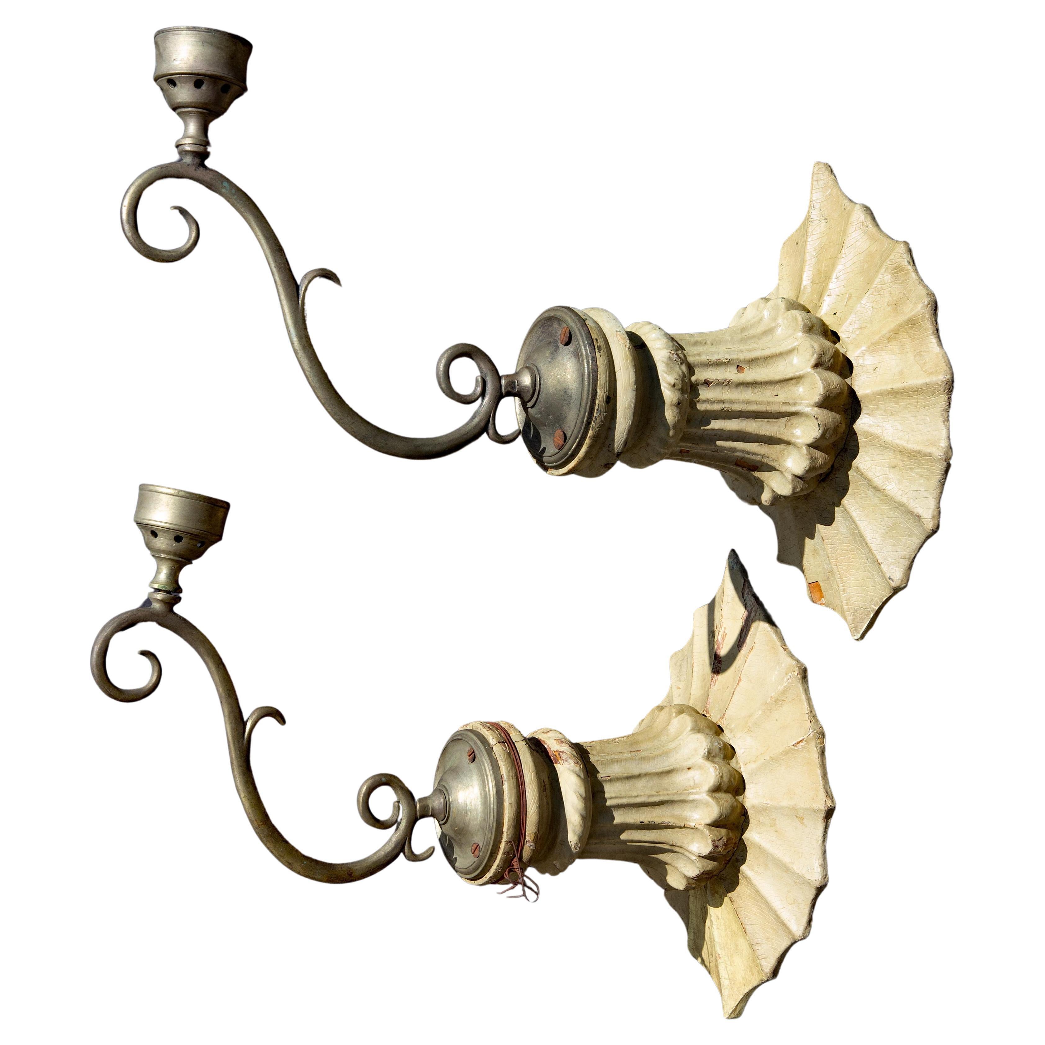 Pair Antique Painted Sconces  Early 20th Century Neoclassical Style