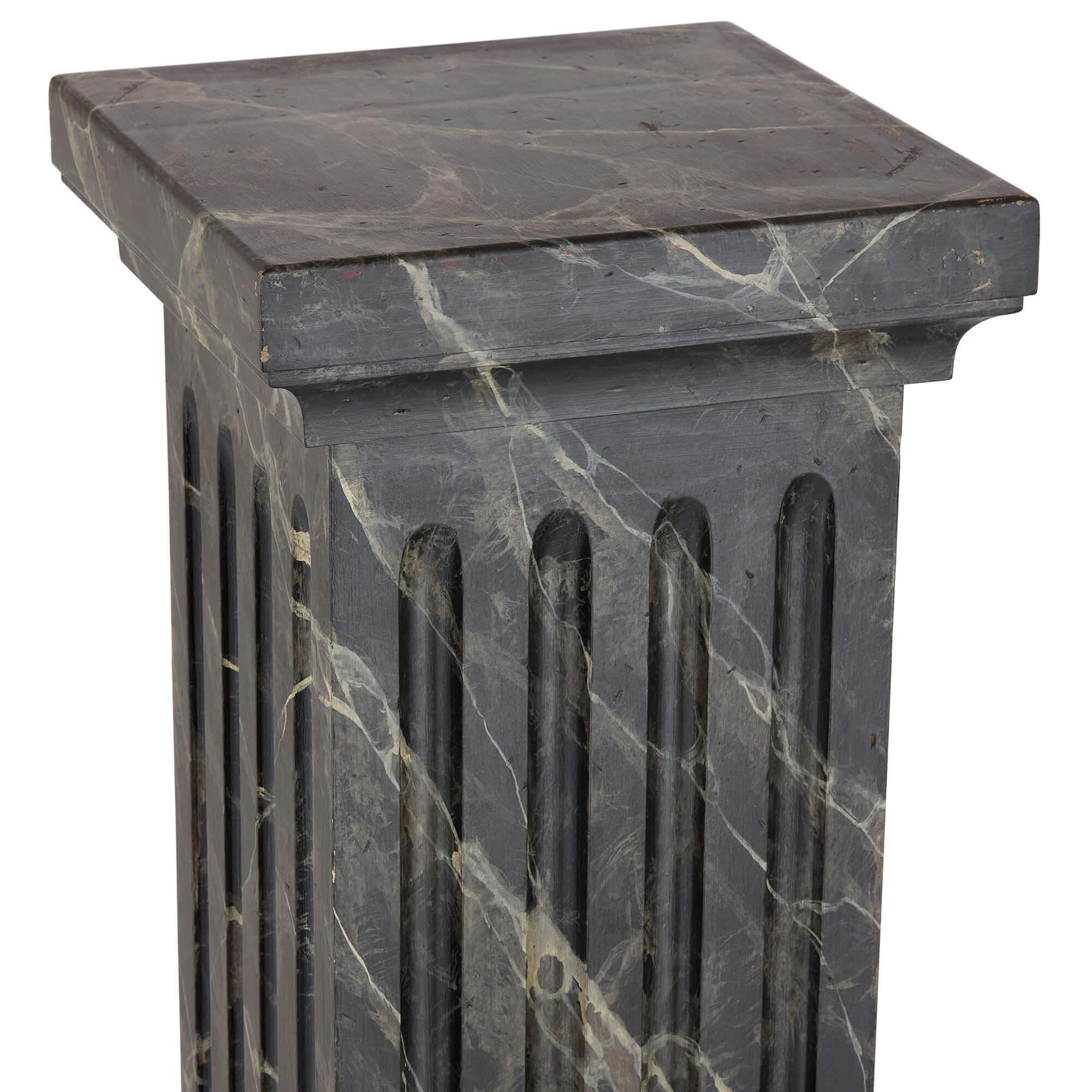 Classical Greek Pair Antique Painted Wood Marble Trompe L’Oeil Pedestals Stands Columns For Sale