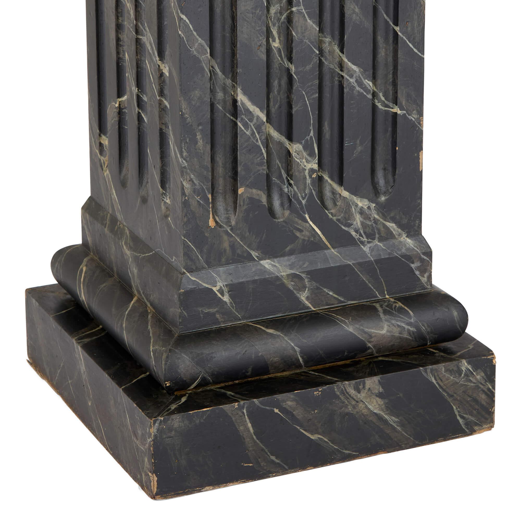 Hand-Painted Pair Antique Painted Wood Marble Trompe L’Oeil Pedestals Stands Columns For Sale