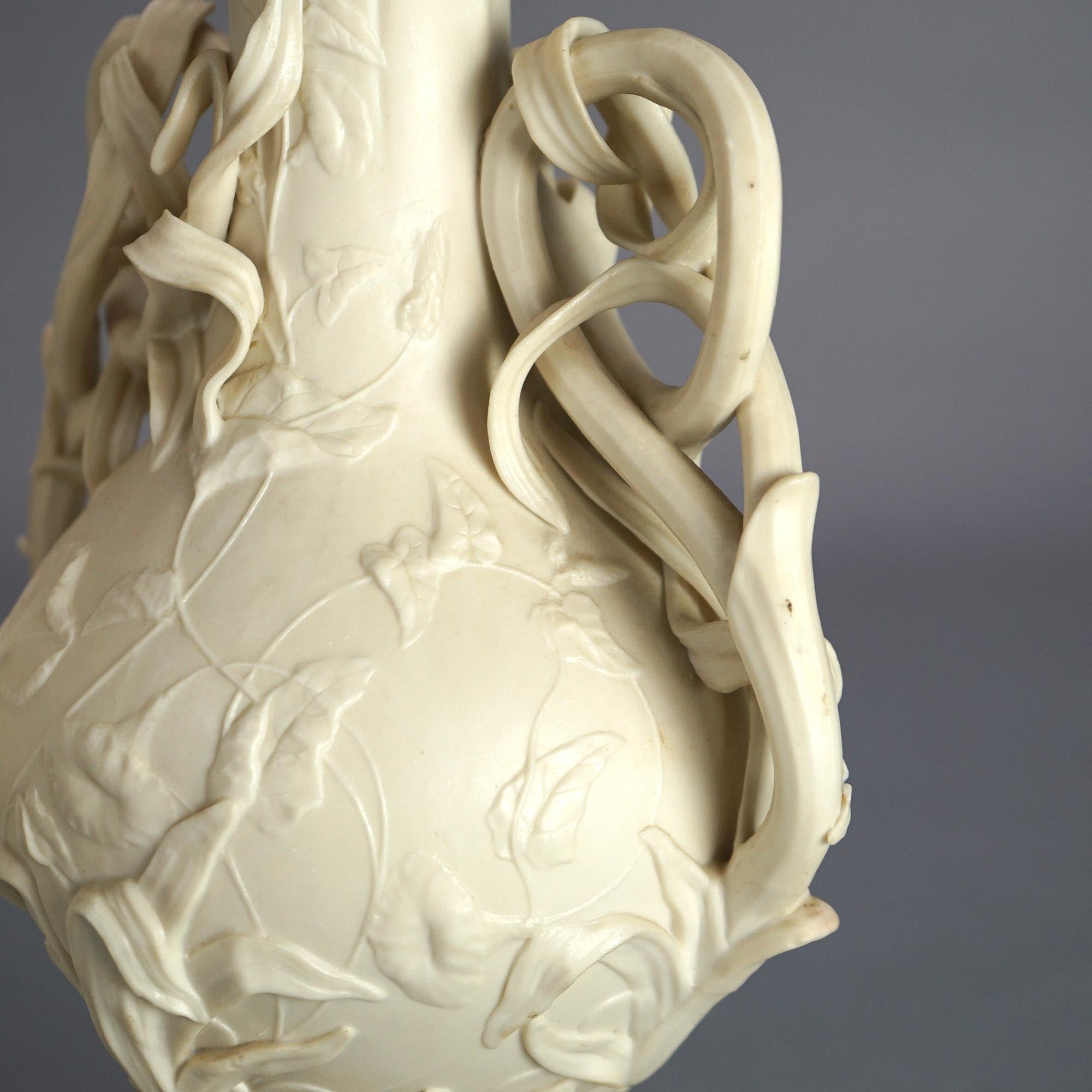 19th Century Pair Antique Parian Porcelain Rococo Style Mantle Vases with Vine Elements C1890