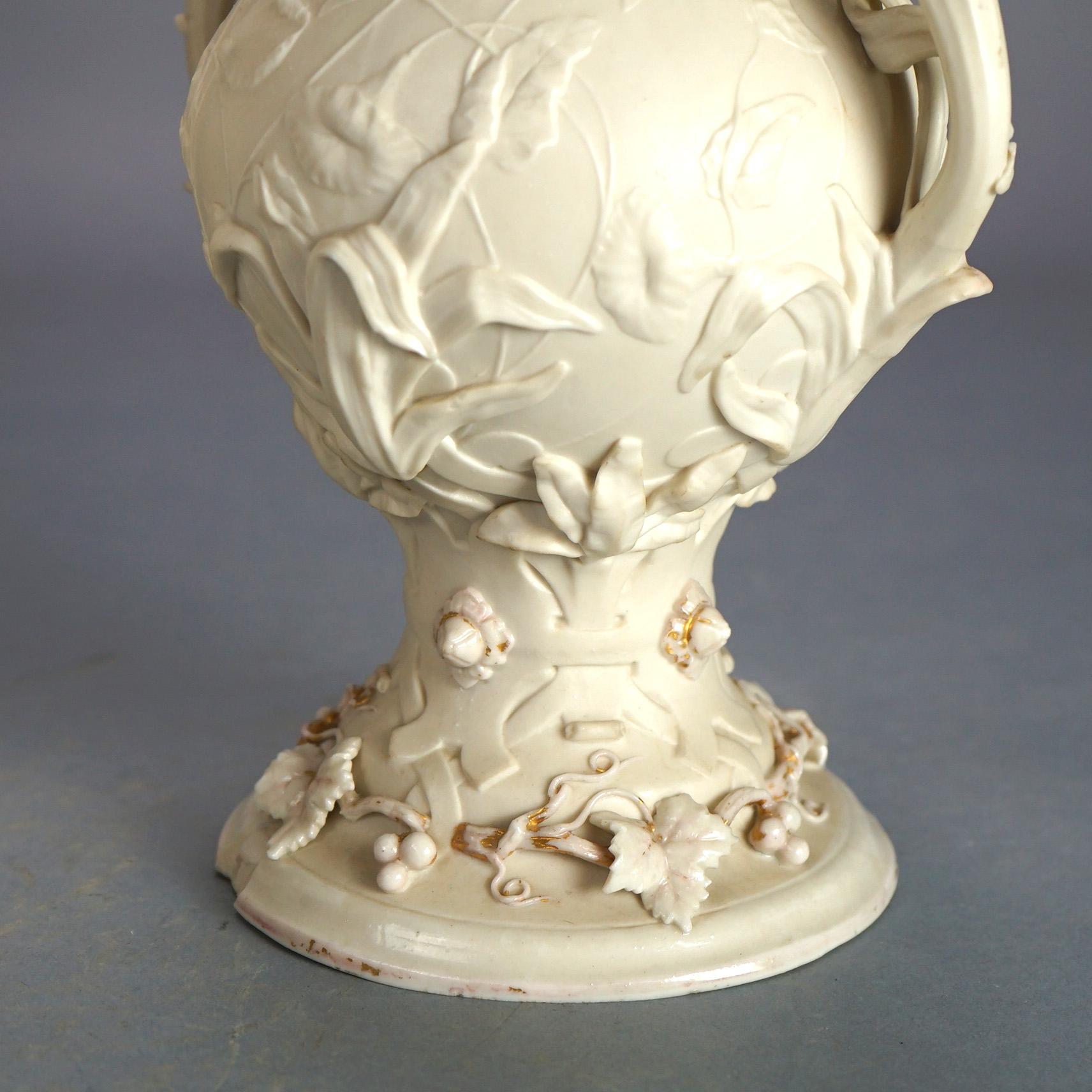 Pair Antique Parian Porcelain Rococo Style Mantle Vases with Vine Elements C1890 1