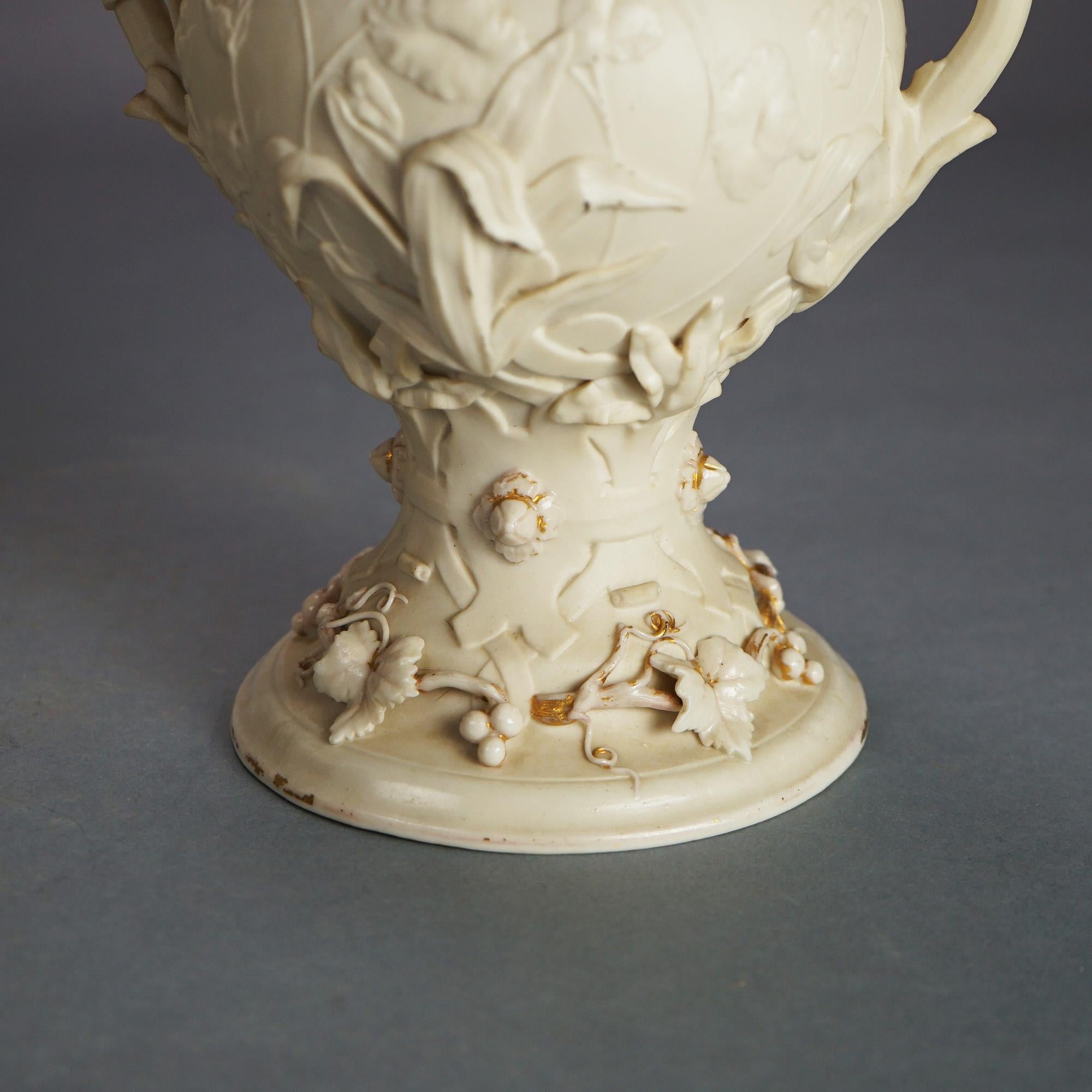 Pair Antique Parian Porcelain Rococo Style Mantle Vases with Vine Elements C1890 2