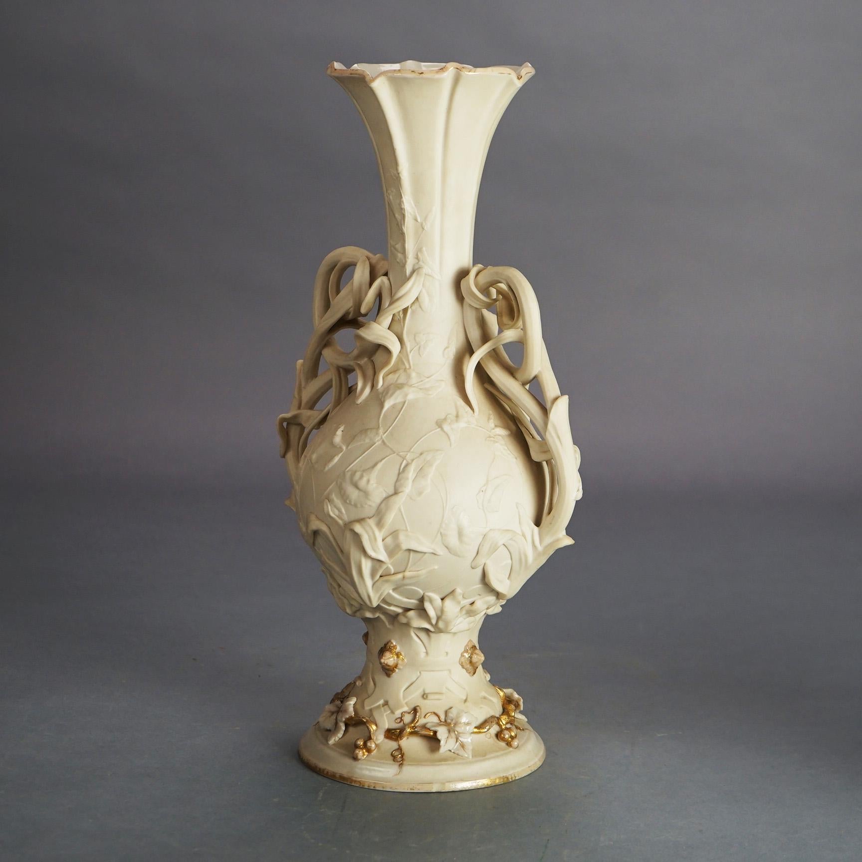 Pair Antique Parian Porcelain Rococo Style Mantle Vases with Vine Elements C1890 3
