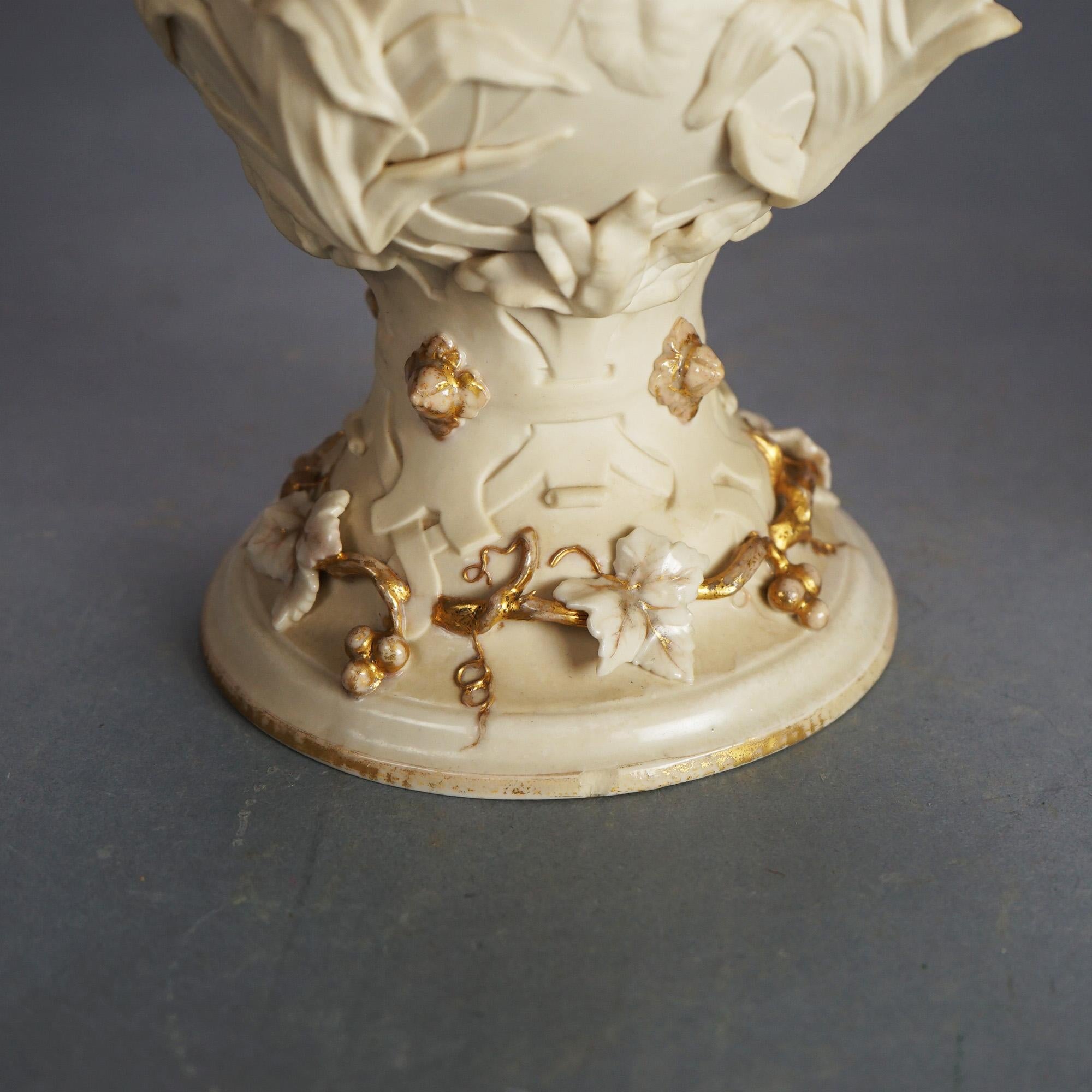 Pair Antique Parian Porcelain Rococo Style Mantle Vases with Vine Elements C1890 4