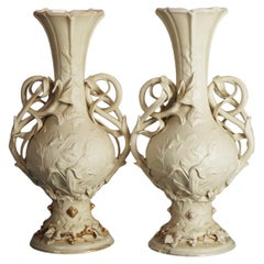 Pair Antique Parian Porcelain Rococo Style Mantle Vases with Vine Elements C1890