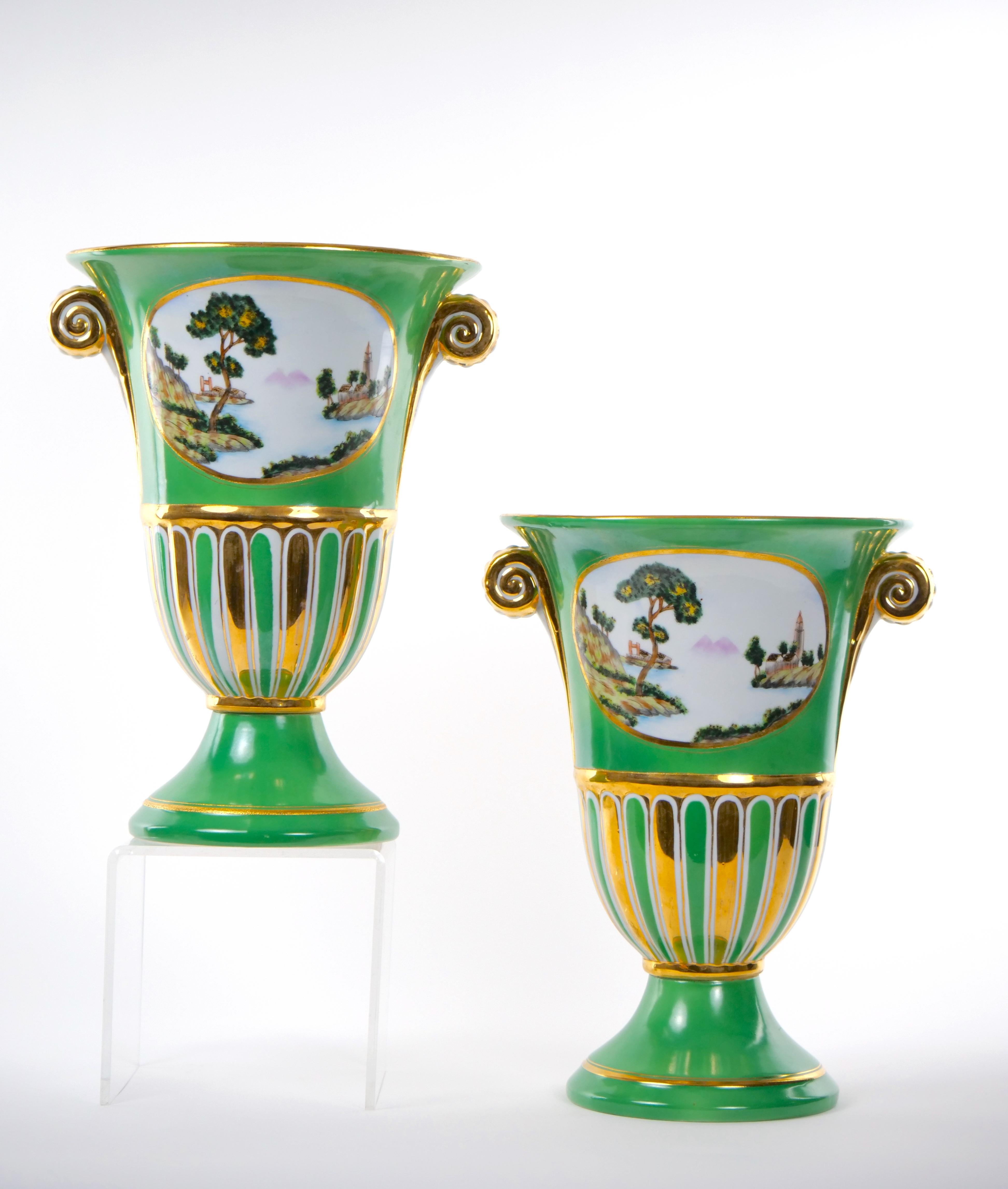 Belle Époque Pair Early 20th Century Paris Porcelain Parcel Gilt / Hand Painted Vases For Sale