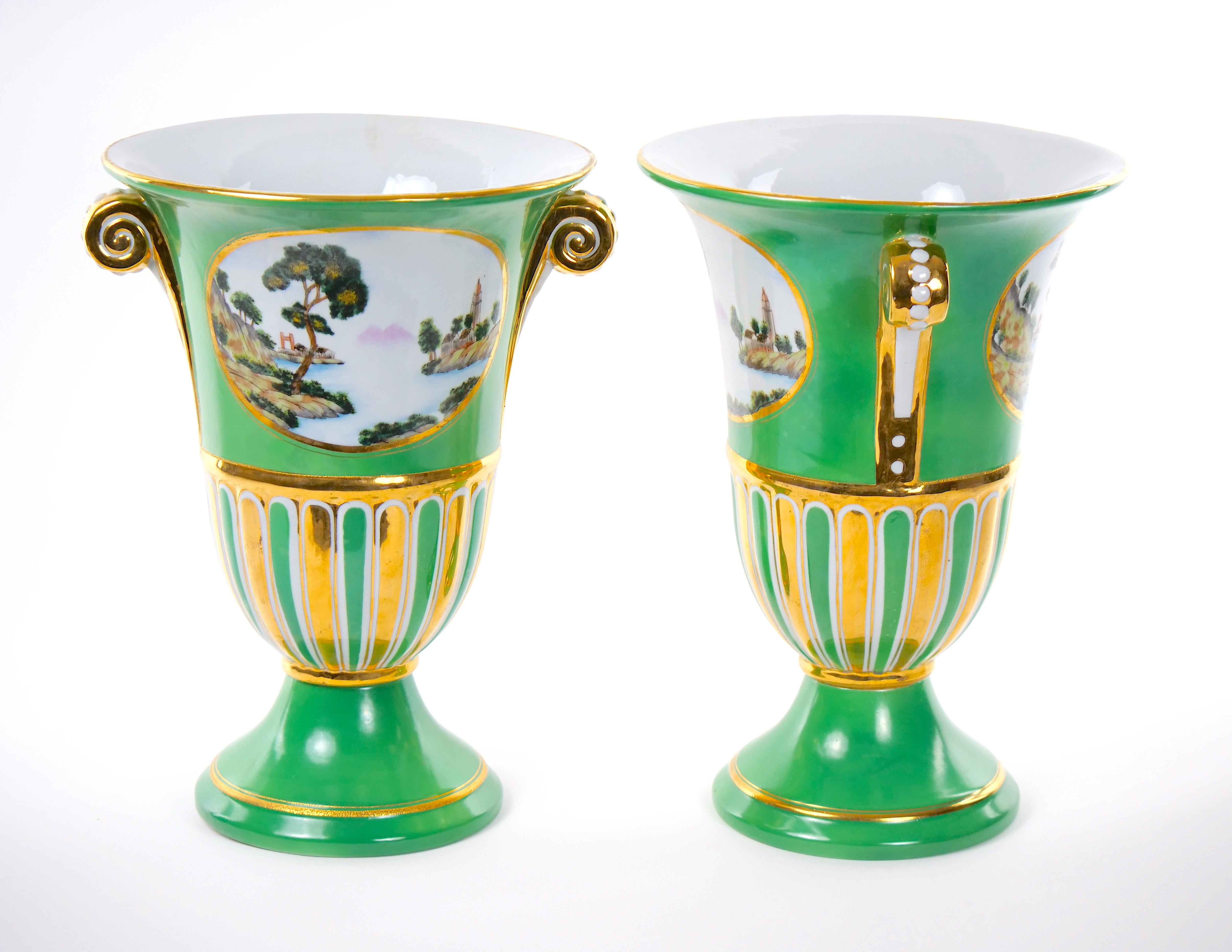 French Pair Early 20th Century Paris Porcelain Parcel Gilt / Hand Painted Vases For Sale
