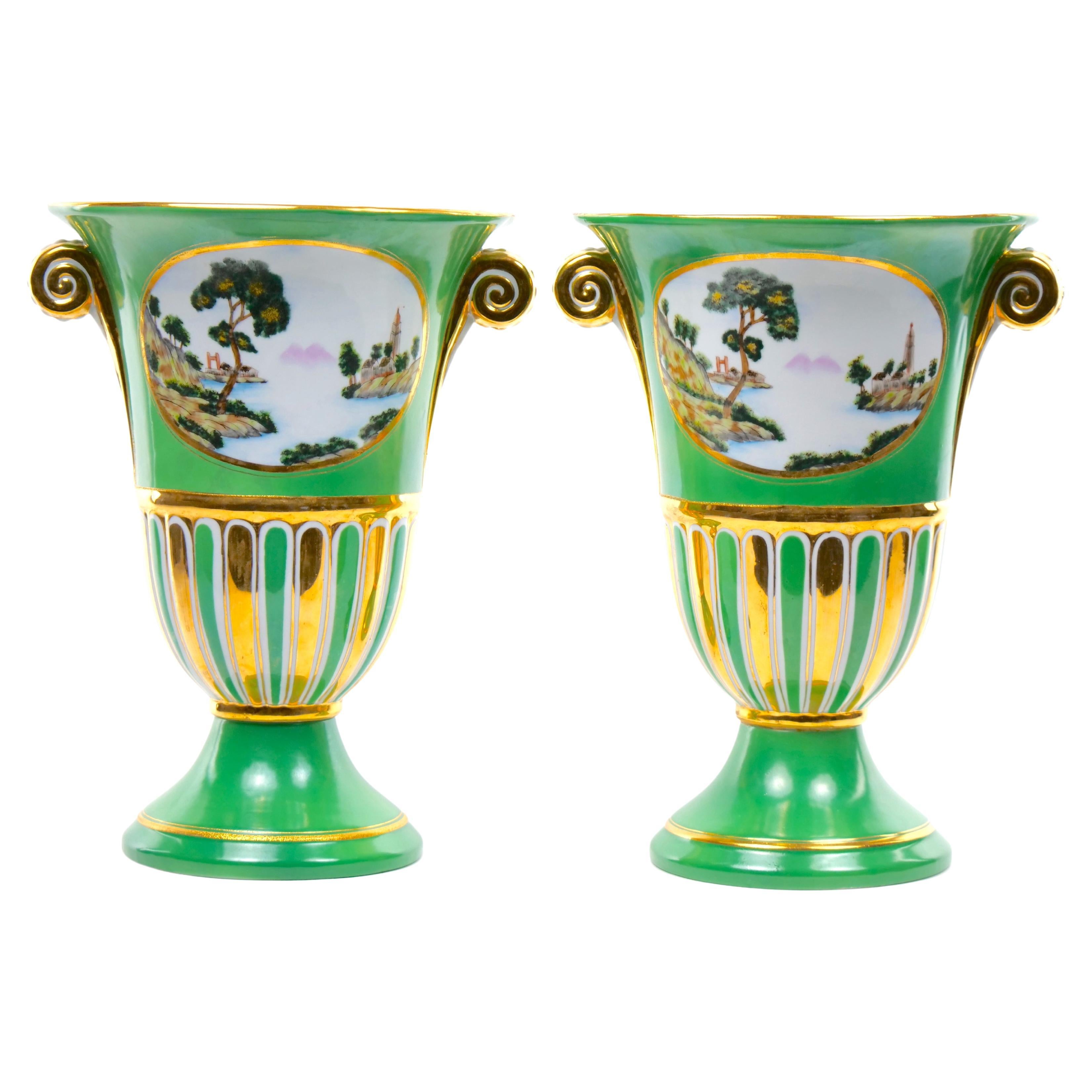 Pair Early 20th Century Paris Porcelain Parcel Gilt / Hand Painted Vases