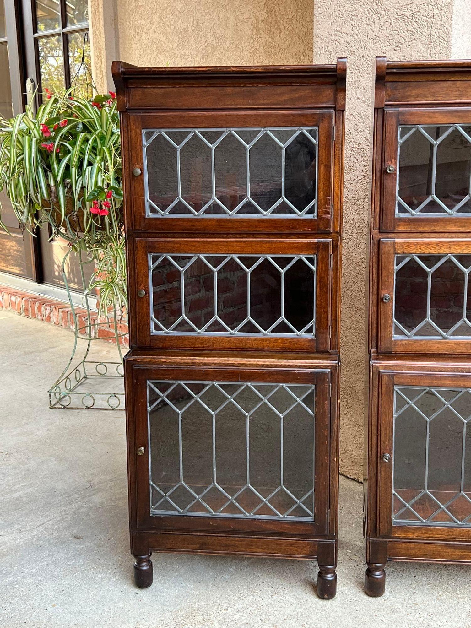 Pair Antique Petite English Lawyer Barrister Bookcase Leaded Glass Mahogany 7