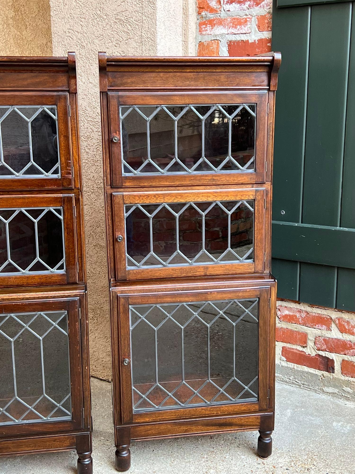 Pair Antique Petite English Lawyer Barrister Bookcase Leaded Glass Mahogany 8