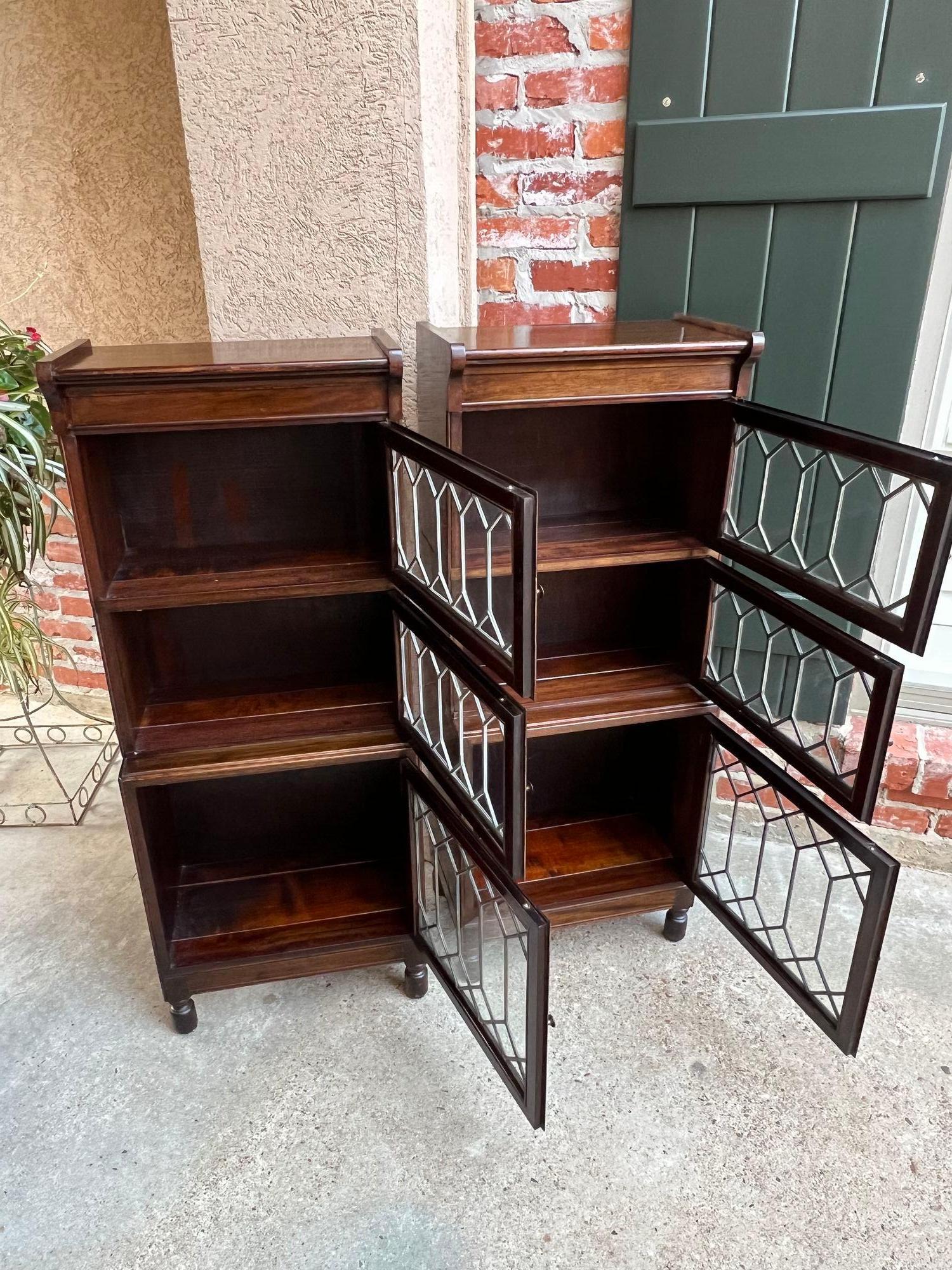 Pair Antique Petite English Lawyer Barrister Bookcase Leaded Glass Mahogany 10