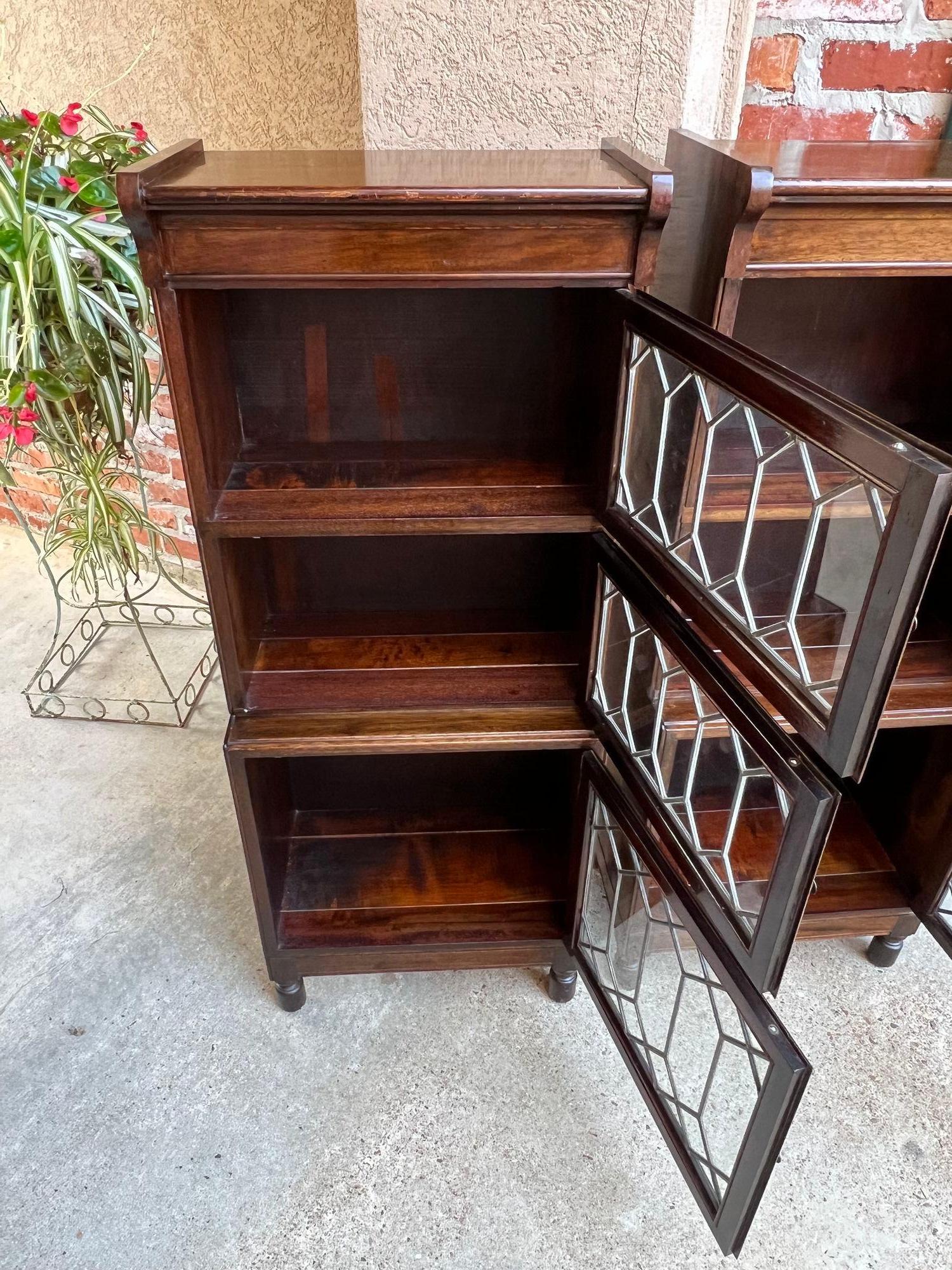 Pair Antique Petite English Lawyer Barrister Bookcase Leaded Glass Mahogany 12