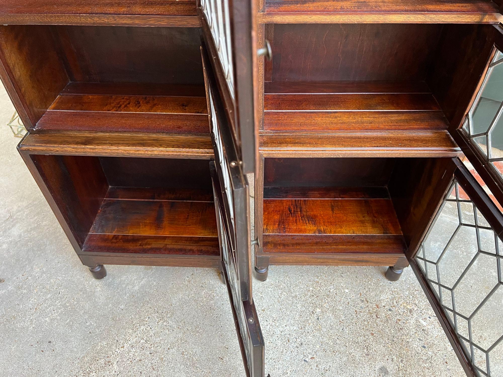Pair Antique Petite English Lawyer Barrister Bookcase Leaded Glass Mahogany 13