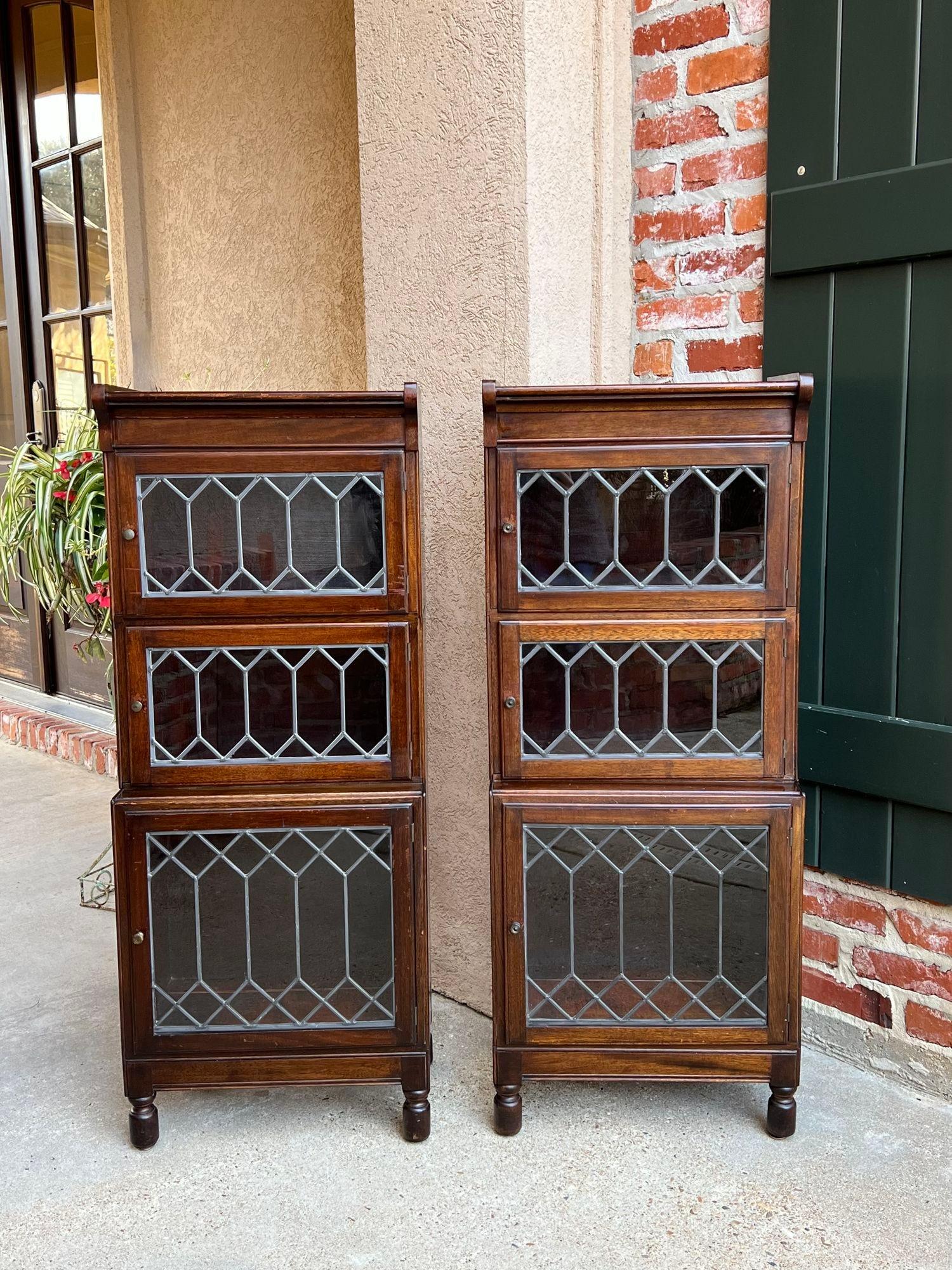 Pair antique petite English lawyer barrister bookcase leaded glass mahogany.

 Direct from London, England, a PAIR of antique English “barrister” style stacking bookcases!! Hard-to-find super petite size, yet with all the features of a full-size