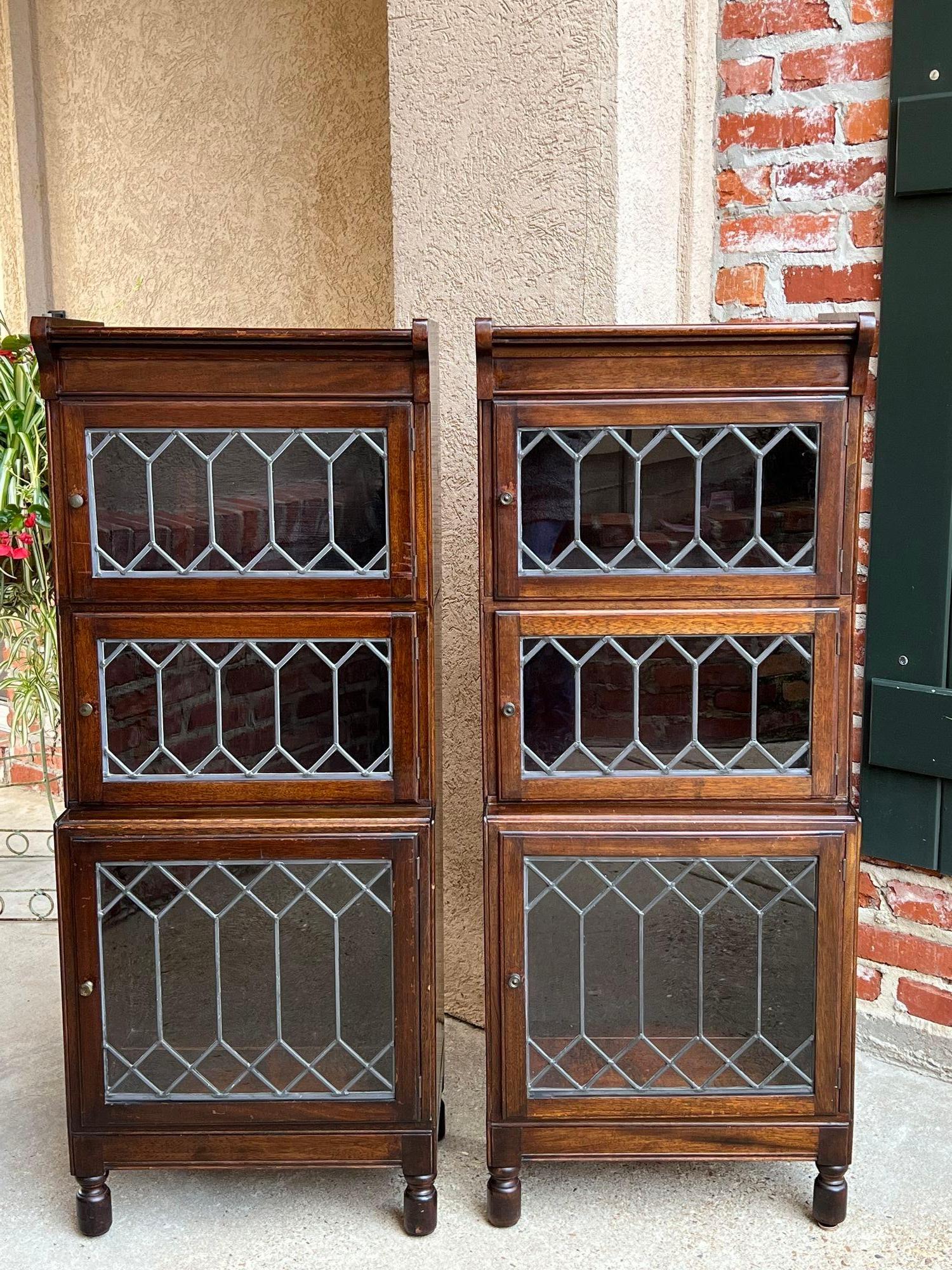 Arts and Crafts Pair Antique Petite English Lawyer Barrister Bookcase Leaded Glass Mahogany