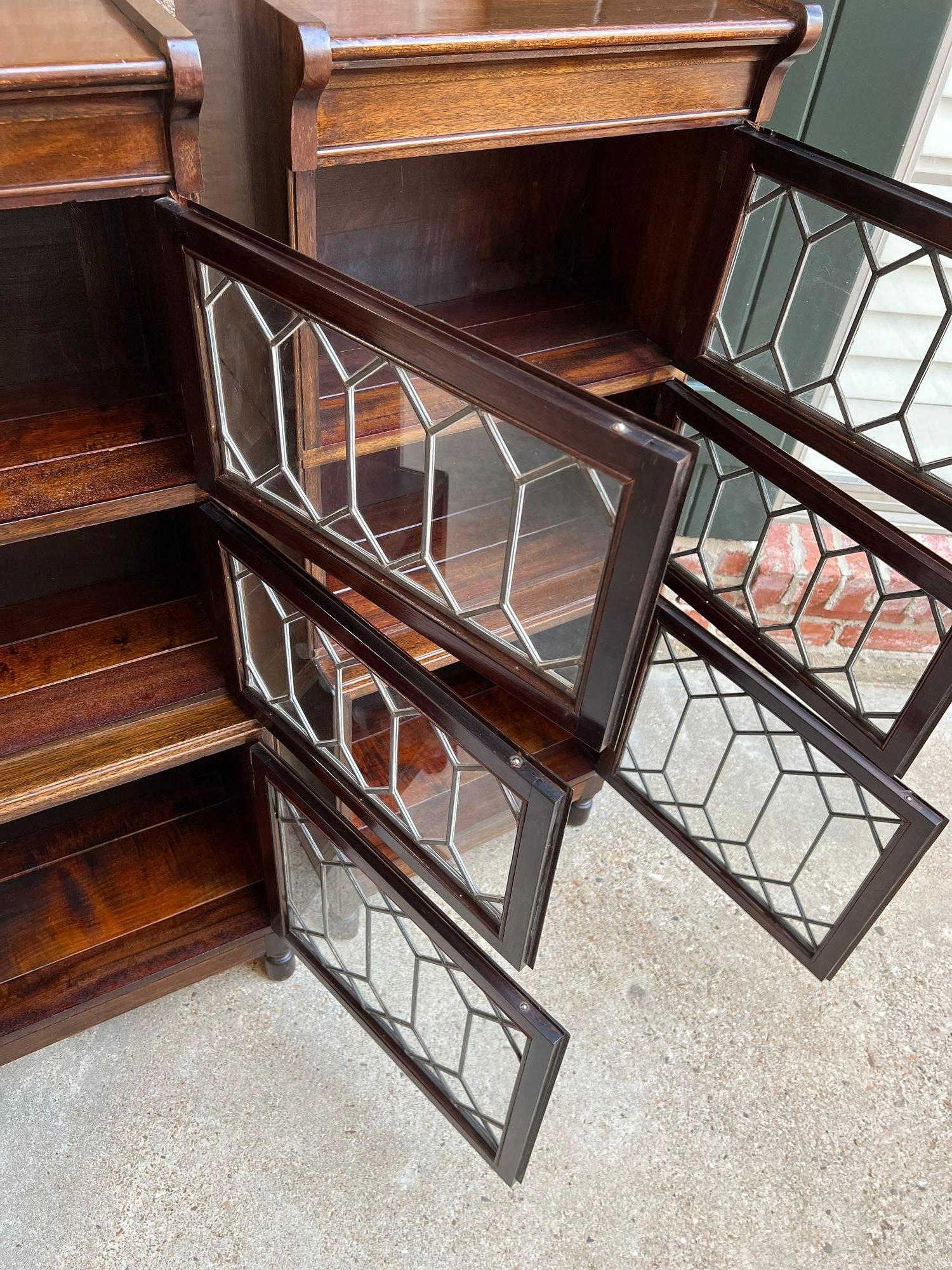 20th Century Pair Antique Petite English Lawyer Barrister Bookcase Leaded Glass Mahogany