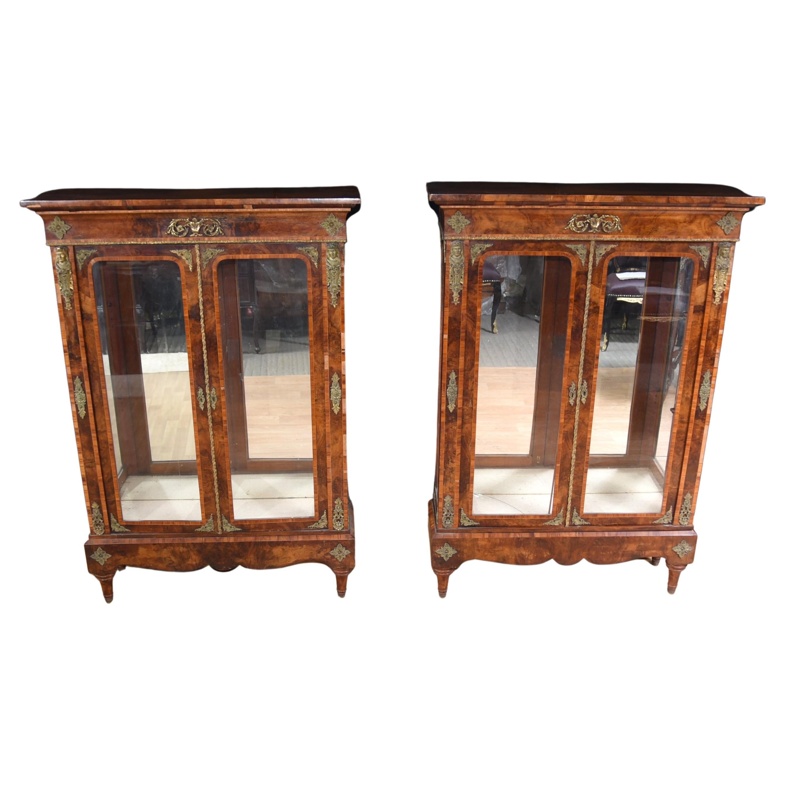 Pair Antique Pier Cabinets, English Burr Walnut Victorian