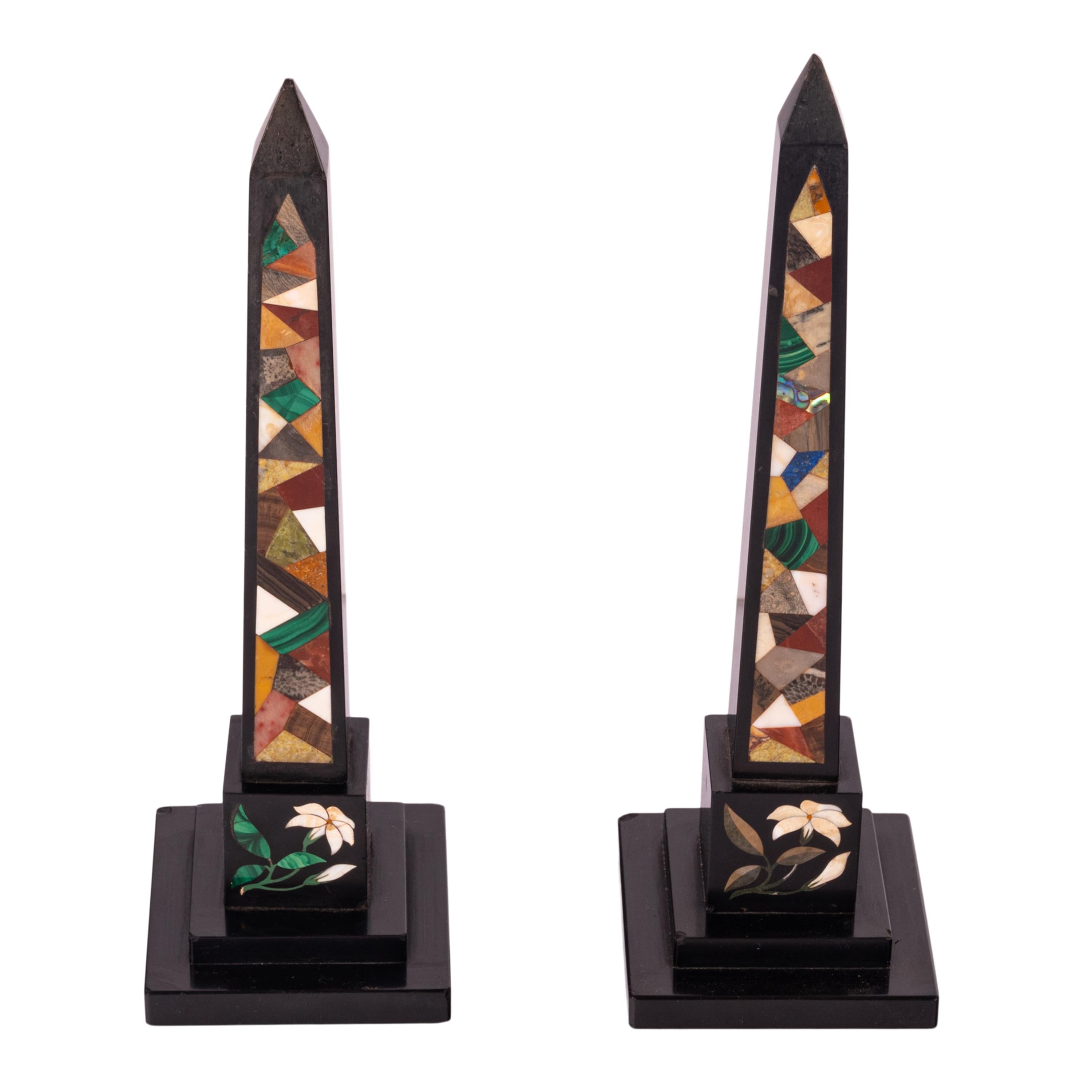 Mid-19th Century Pair Antique Pietra Dura Marble Specimen Stone Desk Obelisks Derbyshire 1840