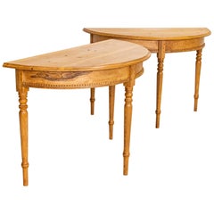 Pair of Antique Pine Demilune Tables with Beaded Trim Detail
