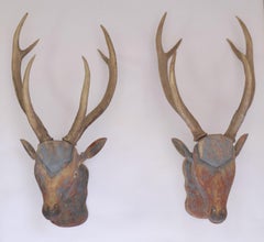 Pair Antique Pine & Polychromed painted Deer Heads
