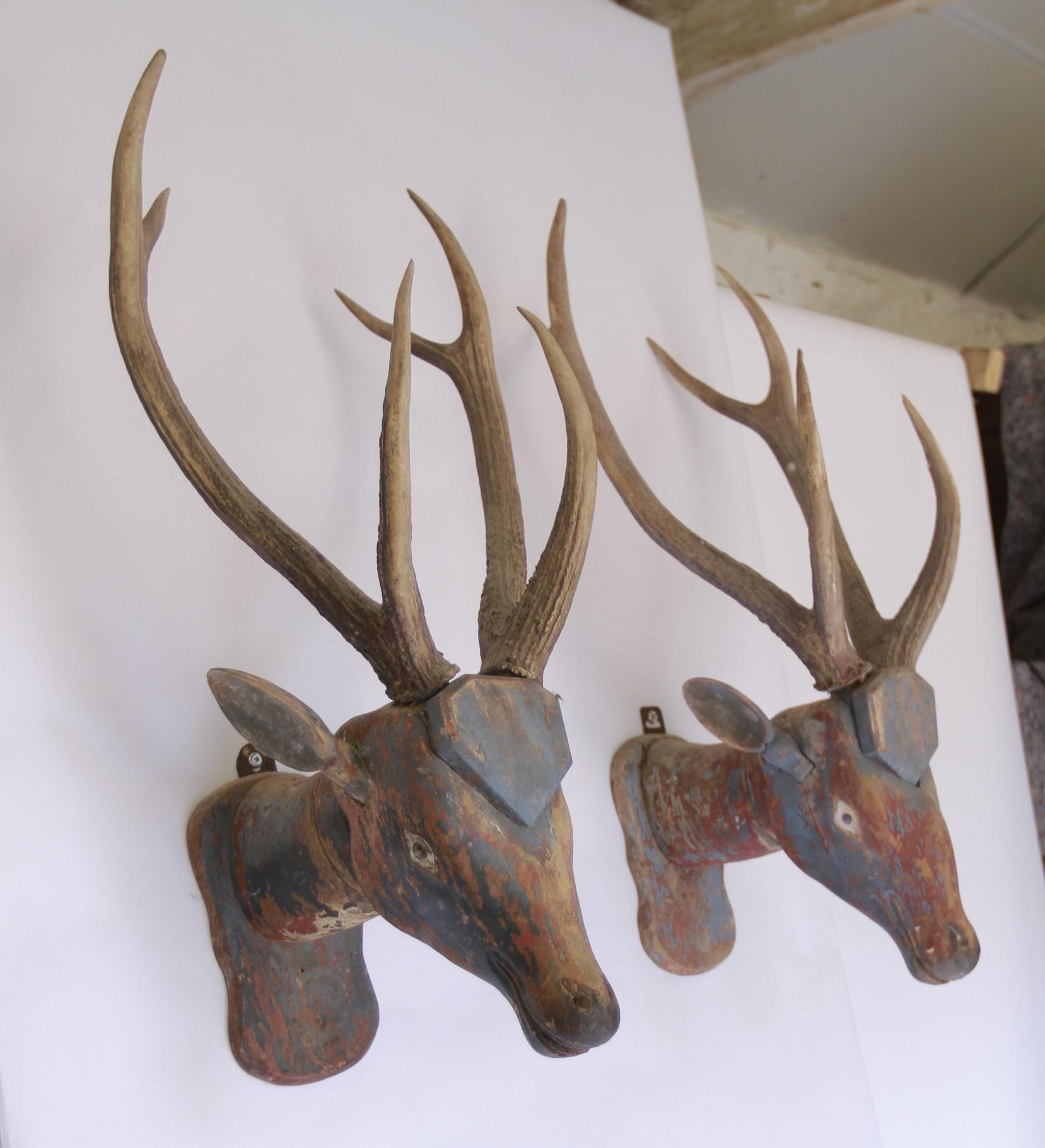 Early Victorian Pair Antique Pine & Polychromed painted Deer Heads For Sale