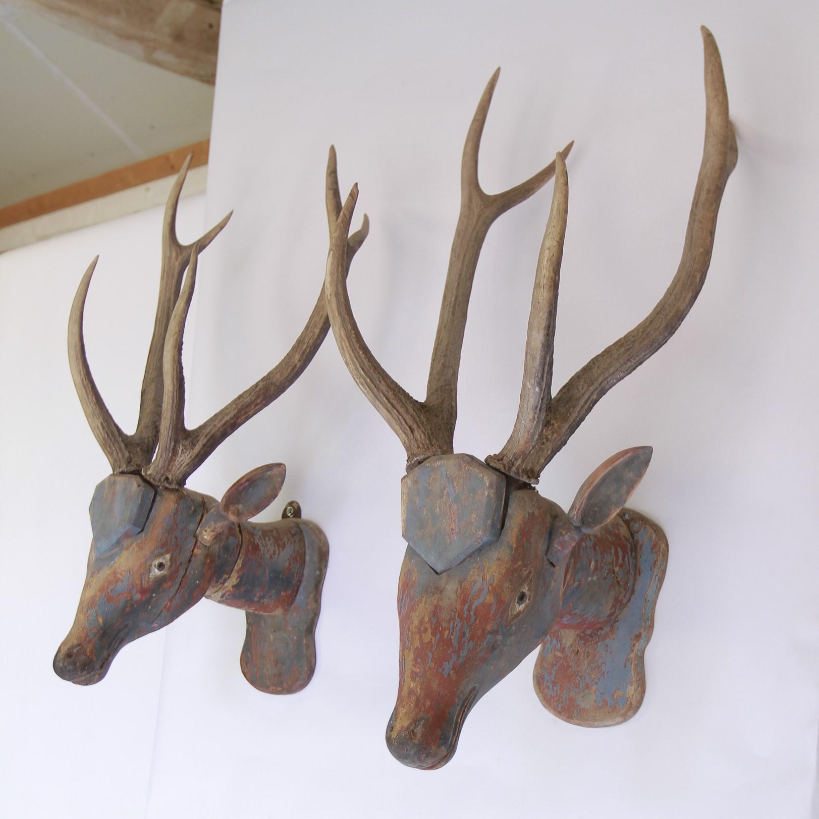 British Pair Antique Pine & Polychromed painted Deer Heads For Sale