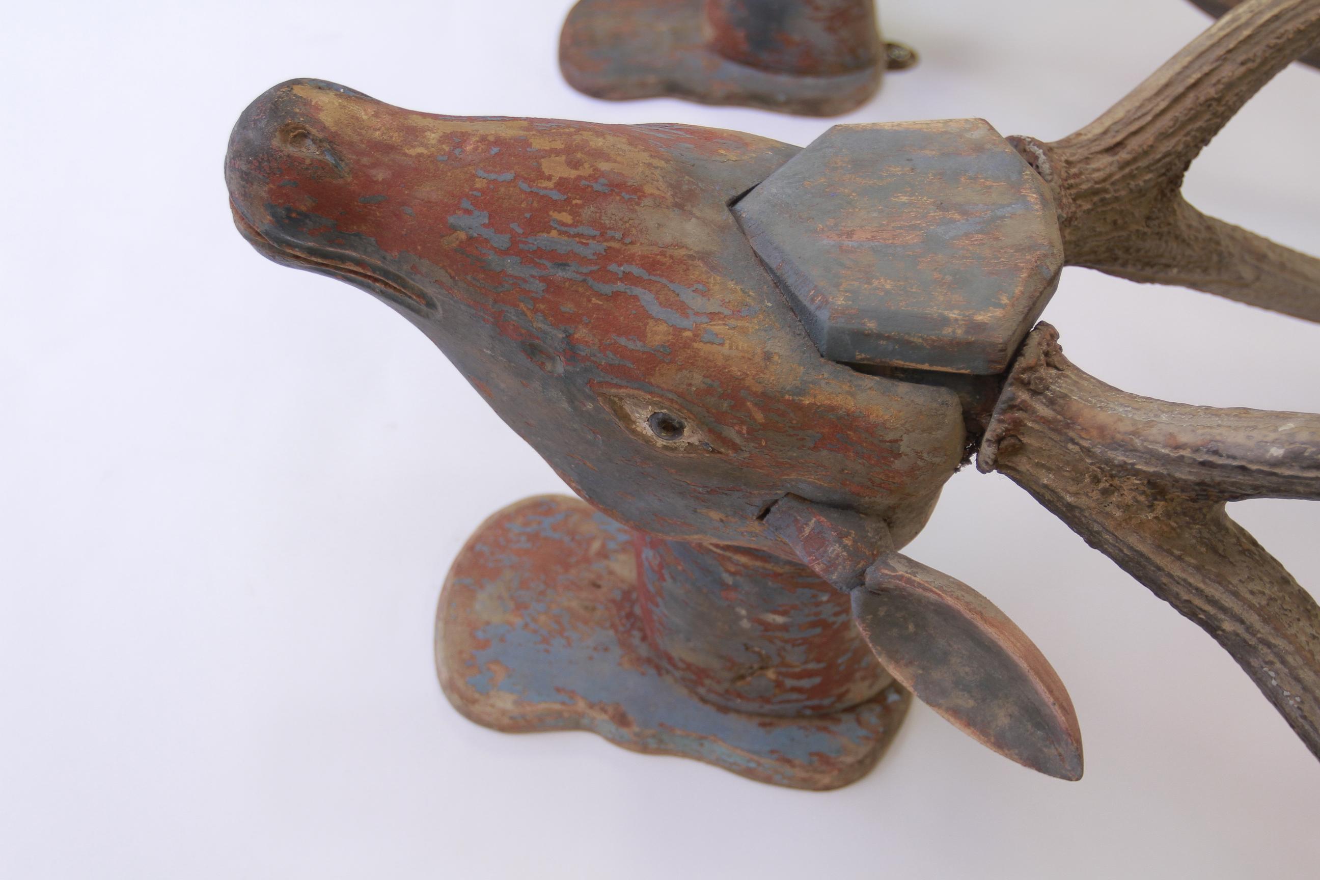 Pair Antique Pine & Polychromed painted Deer Heads In Good Condition For Sale In Dereham, GB